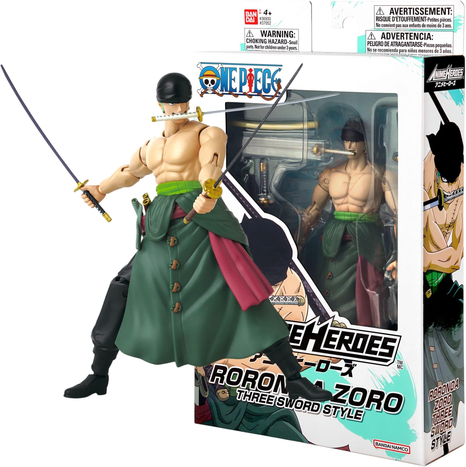 Bandai Anime Heroes One Piece Roronoa Zoro 17 cm Articulated Manga Figurine - Three Sword Style - Officially Licensed - Children's Toy 4+