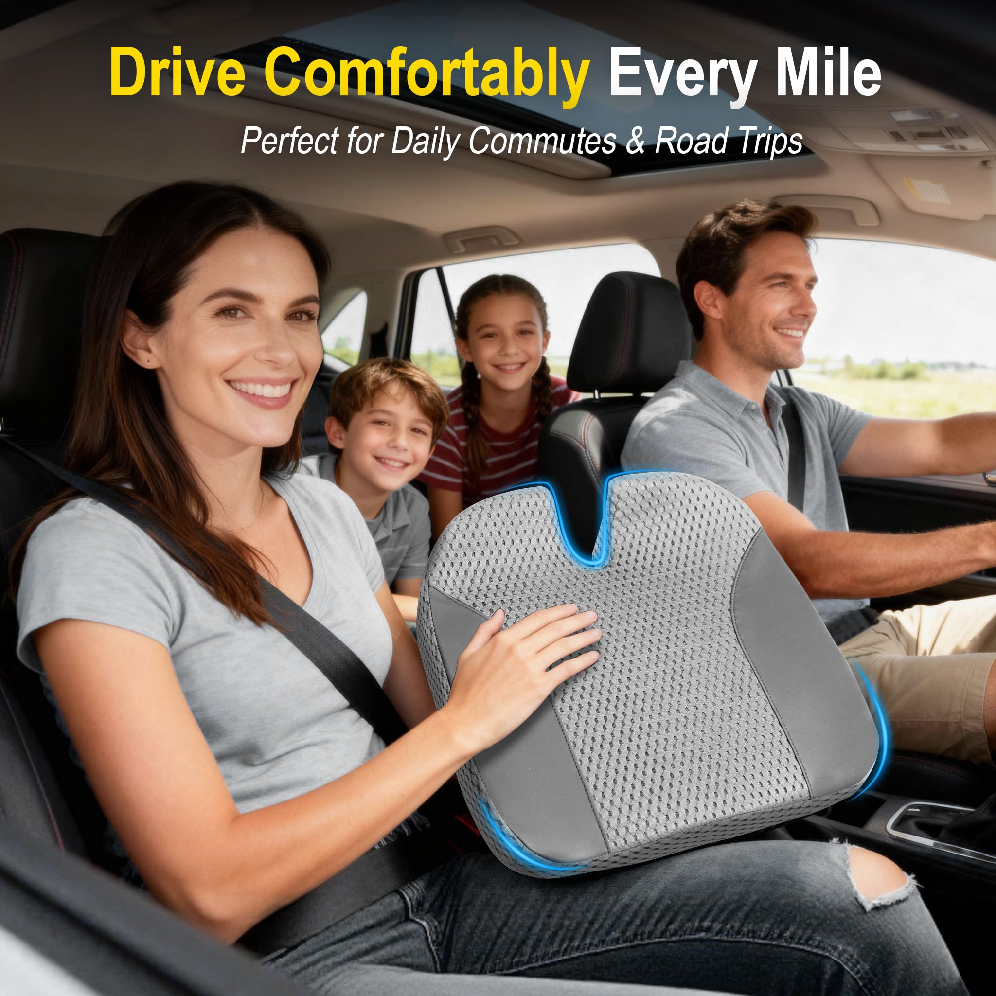 Lofty Aim Cojín de asiento de coche, cómoda almohada de espuma viscoelástica para conducir, alivio del dolor de espalda de ciática, cojín para coche, camión, oficina, silla de ruedas, grande y gris