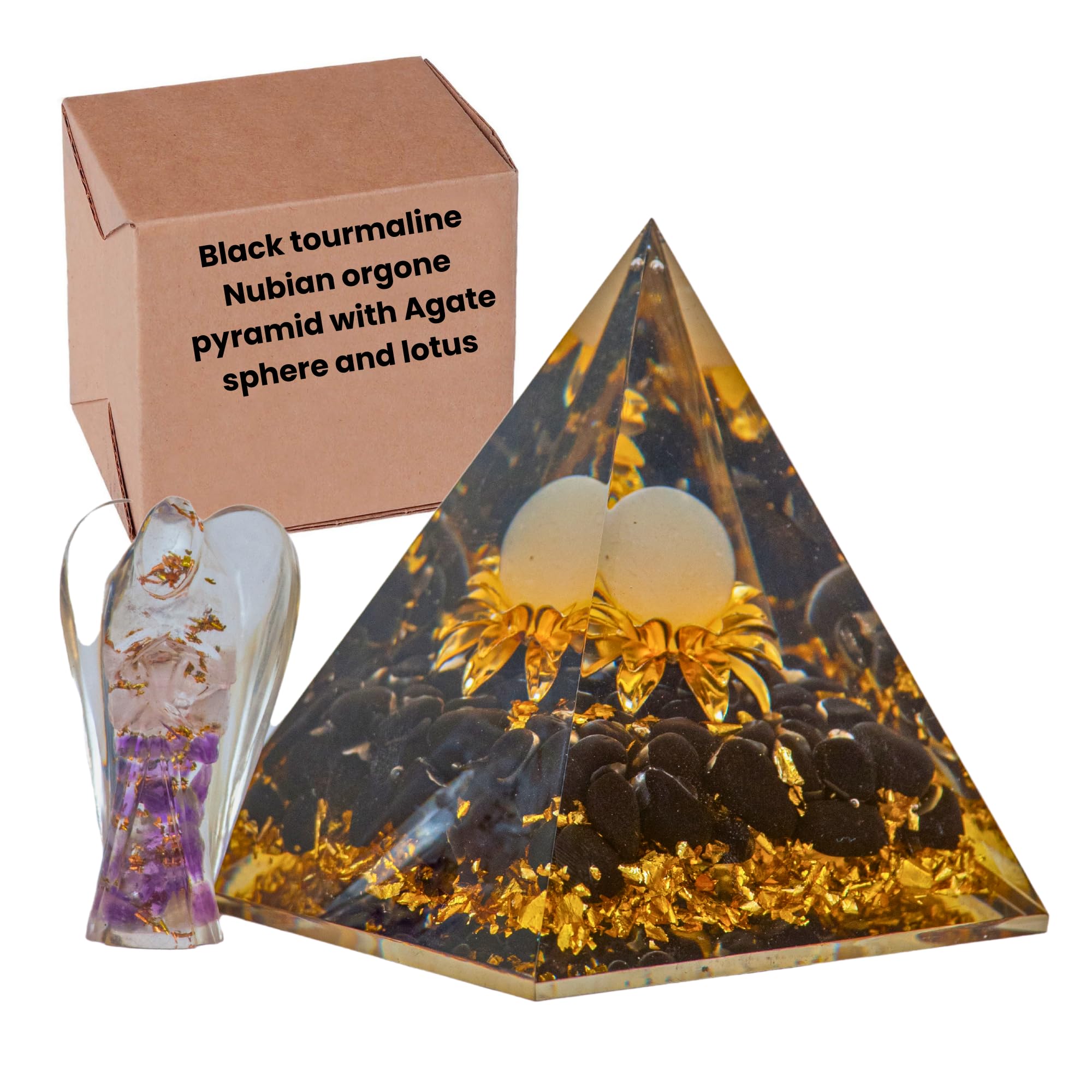 ZAARIYA Black Tourmaline Nubian Orgone Pyramid With Agate Sphere, lotus & an Angel for Chakra Energy Healing Yoga, Meditation