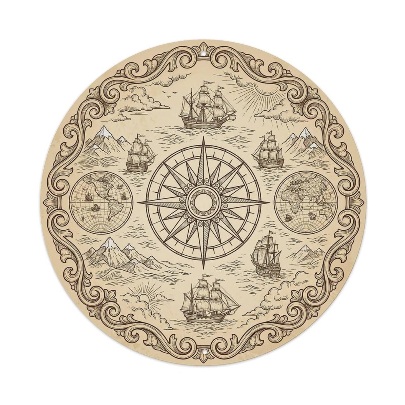 Vintage Nautical Compass World Map Shoal Heritage Metal Tin Sign