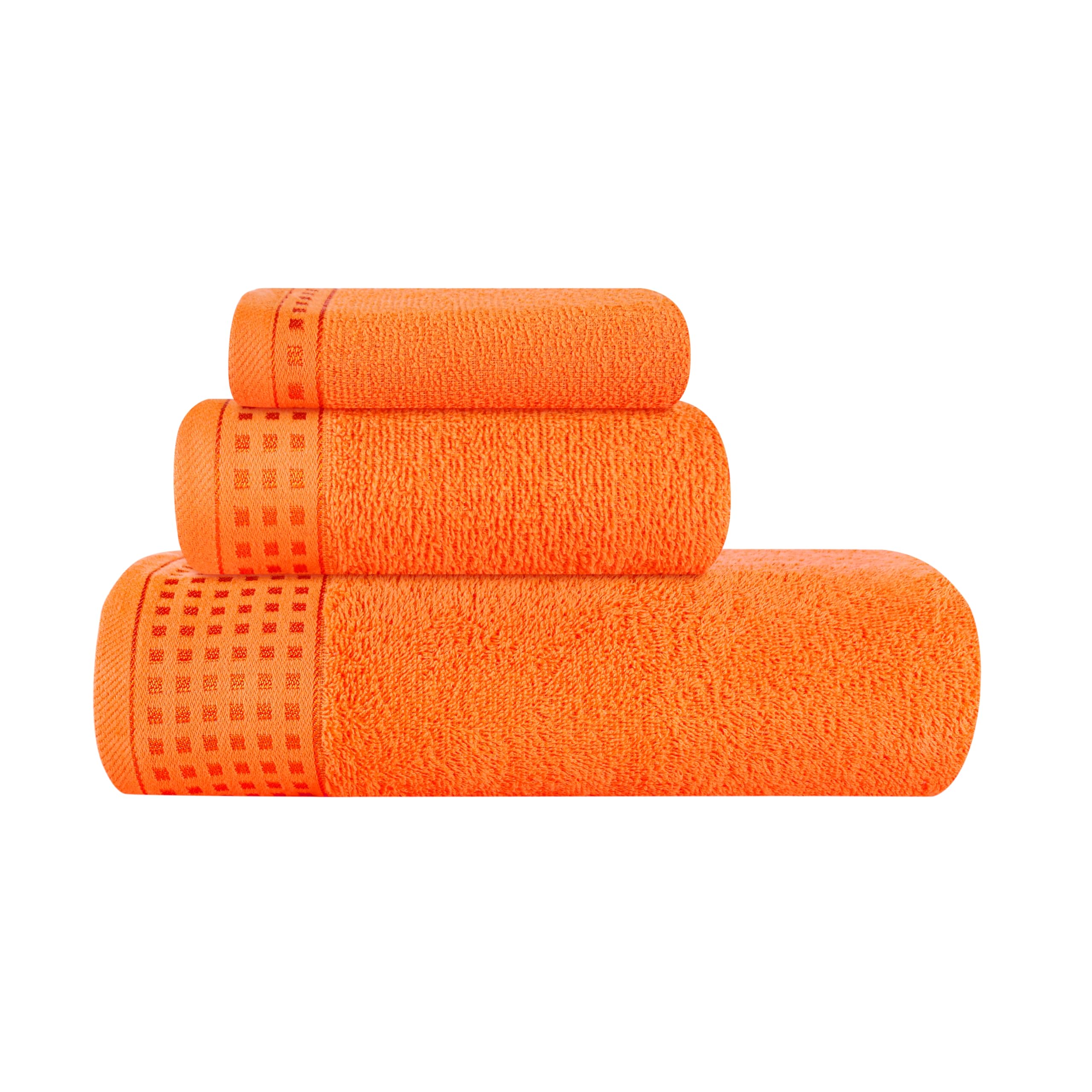 GLAMBURG Ultra Soft 3 Pack Cotton Towel Set, Contains a Bath Towel 28x55 inch, a Hand Towel 16x24 inch &amp; a Wash Coth 12x12 inch, Ideal Everyday use, Compact &amp; Lightweight - Orange