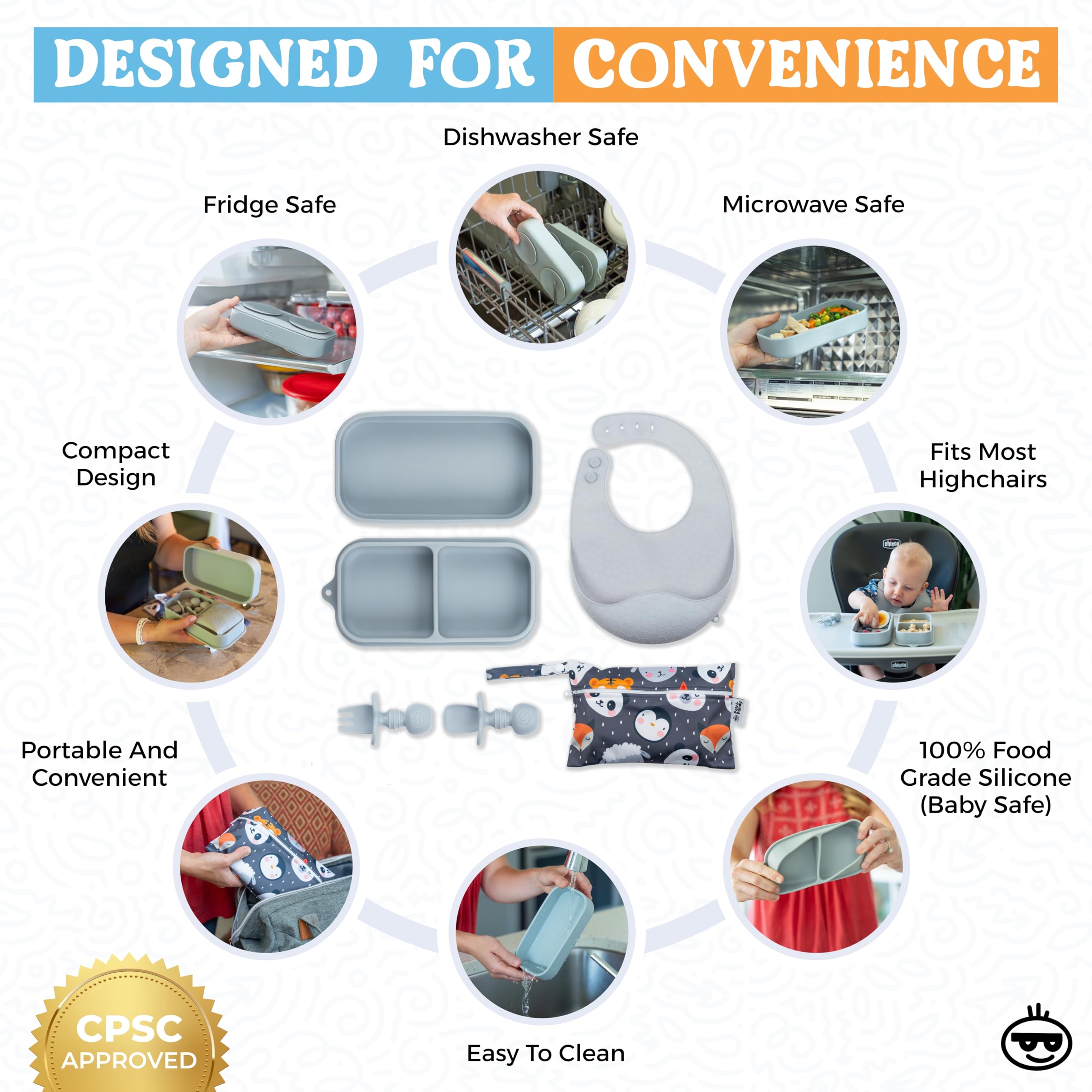 Travel Silicone Portable Feeding Supplies - Toddler Suction Plates, Silicone Baby Spoon & Fork, Lightweight Foldable Bib & Waterproof Storage Bag - 6 Piece Set