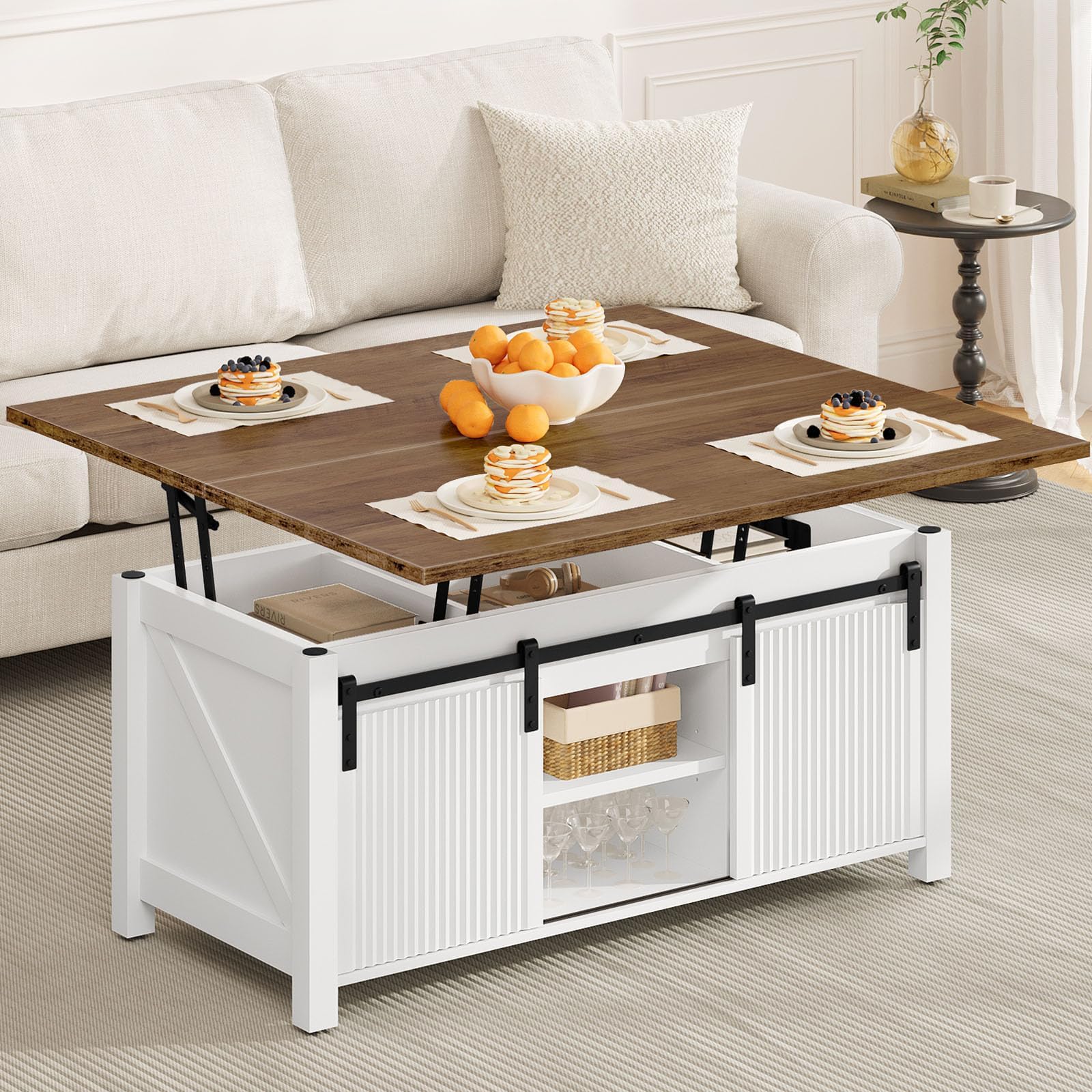 CHOEZON Lift Top Coffee Table, 4 in 1 Convertible Coffee Table, Farmhouse Coffee Tables, with Hidden Compartments, with Sliding Doors, for Living Room, Apartment, White and Walnut MKF01WL