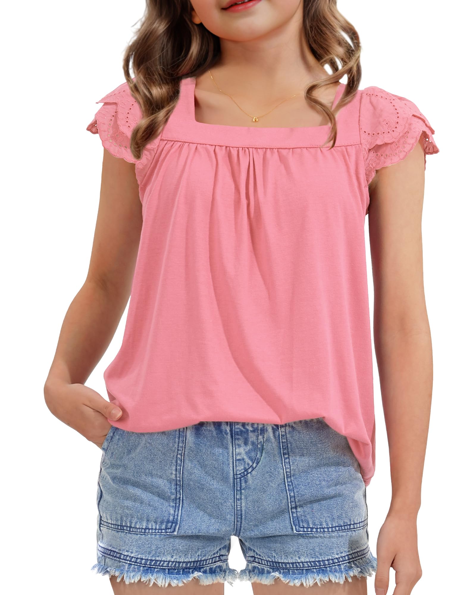 KEREDA Girls Short Sleeve Shirts Summer Tunic Tops Lace Openwork Ruffled Girls Cute Square Neck Clothes Blouse 5-14 Years