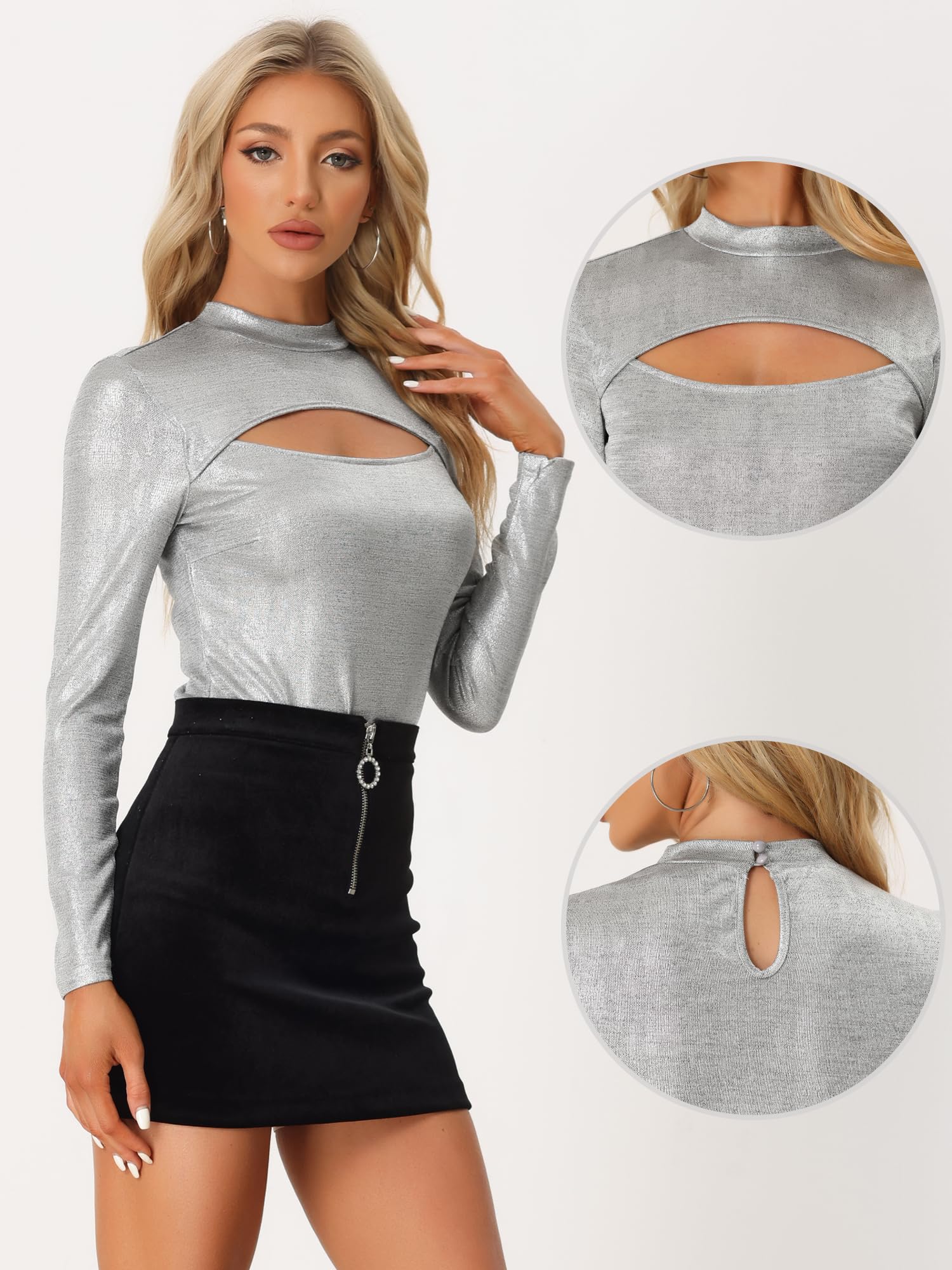 Allegra K Damen Halloween-Kostüm Sexy Oberteil Langarm Cut Out Ausschnitt Stehkragen Glitzer Party Top Bluse