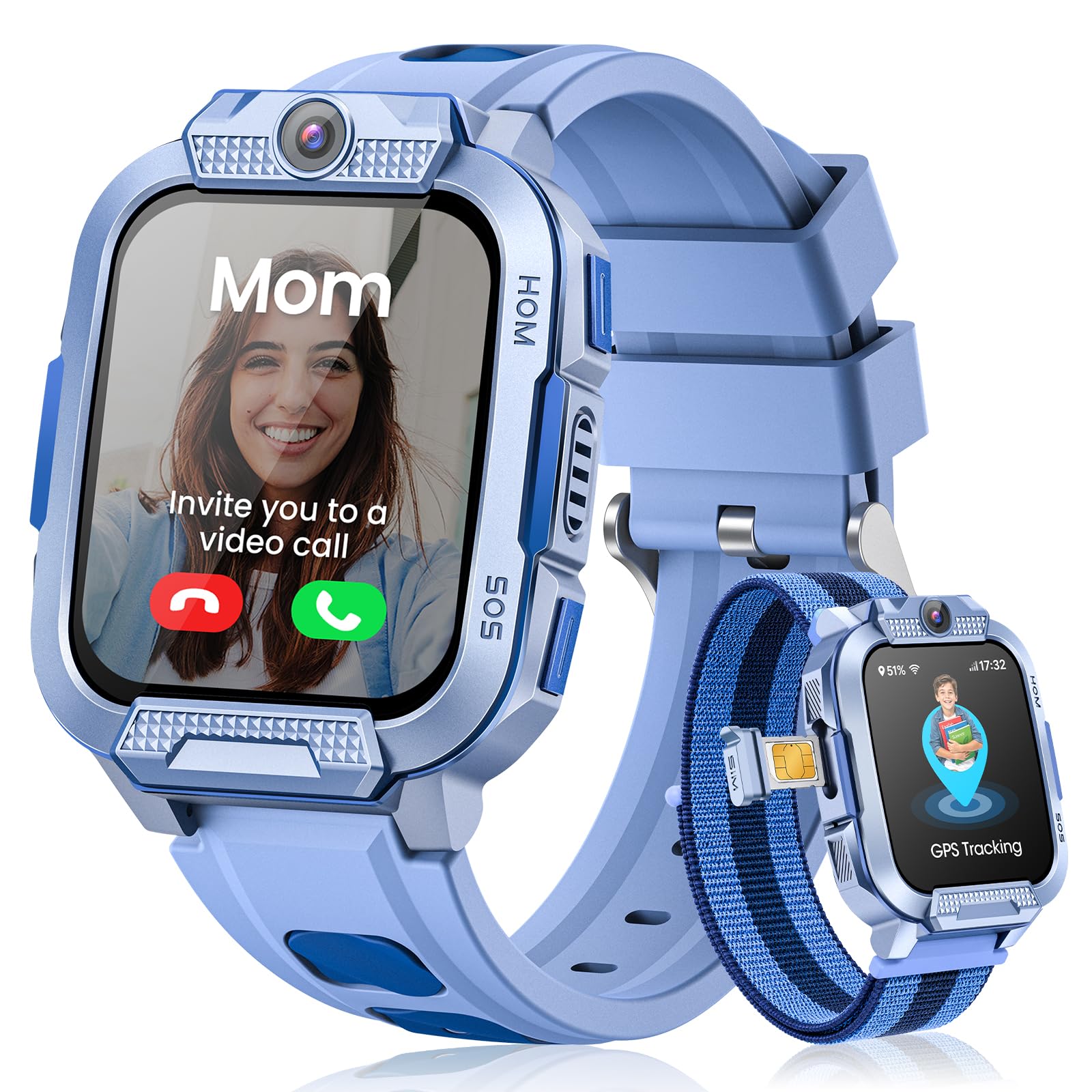 Smartwatch Kinder mit GPS und Anrufe, SOS, Sicheres System, IP68, Blau