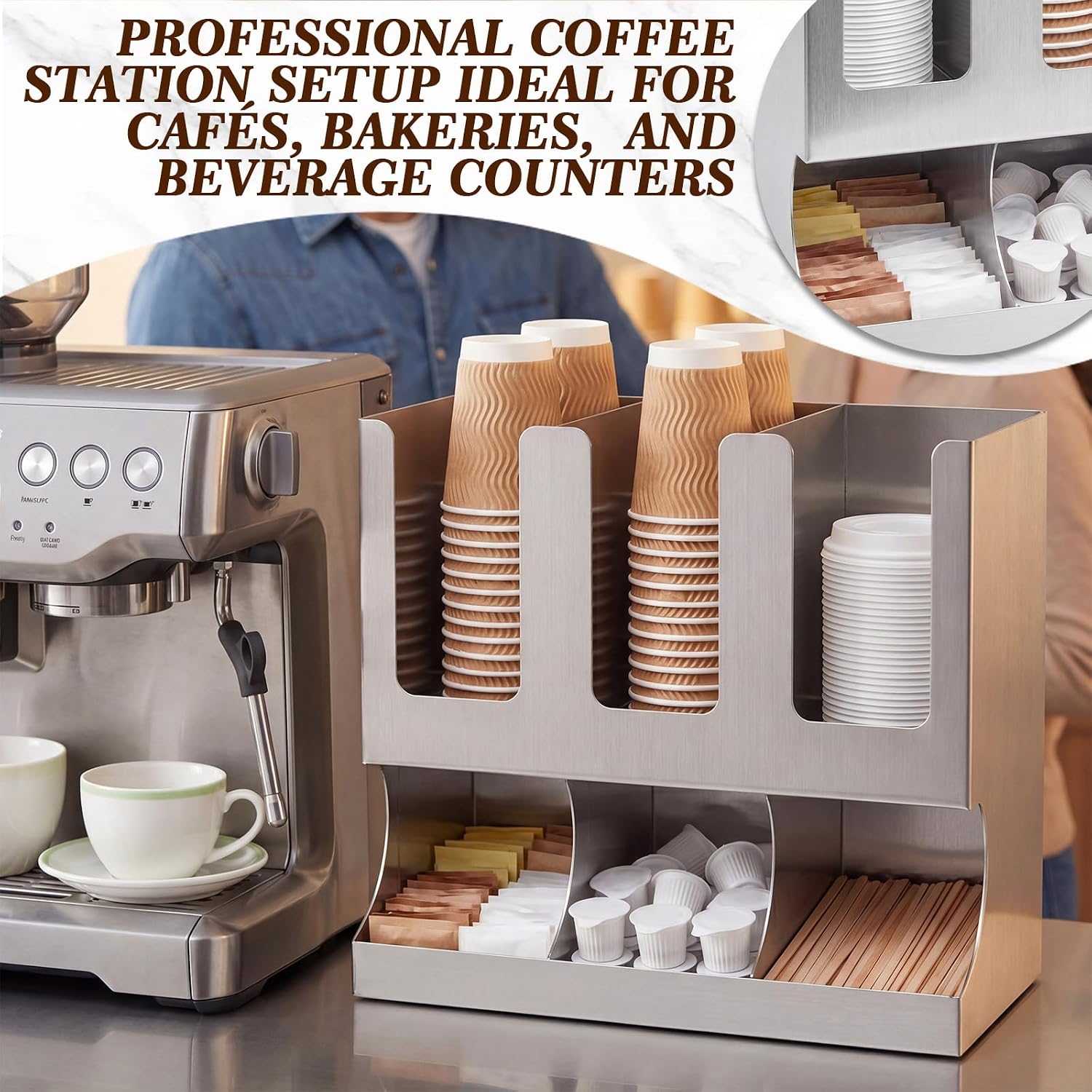 Frienda 6 Compartments Stainless Steel Cup and Lid Dispenser, Coffee Cup Holder Organizer Storage for Countertop, Coffee Bar, Beverage Restaurant, Kitchen, Breakroom