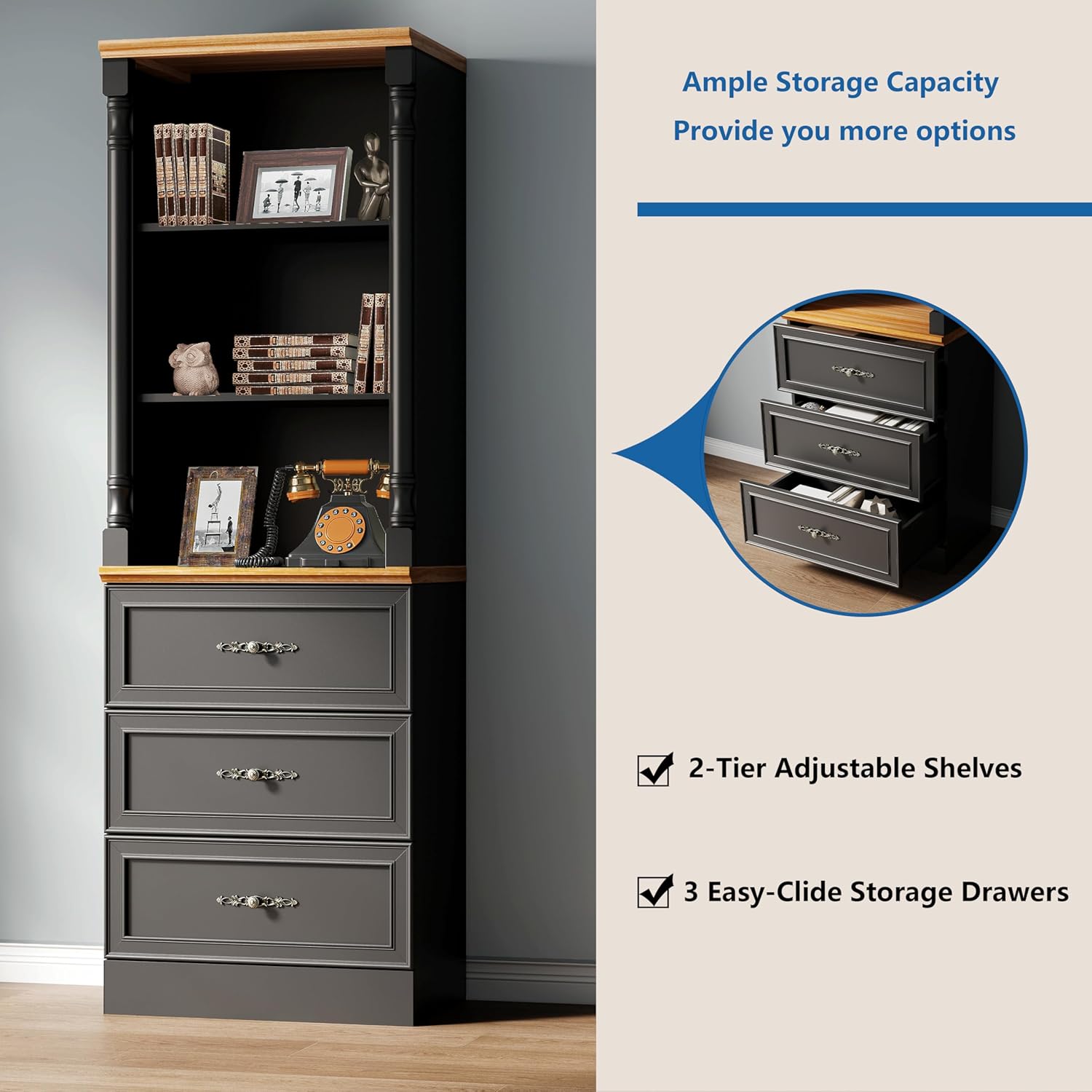 71'' Tall Bookshelf with 3 Drawers, Bookcase Storage Cabinets with 3-Tier Adjustable Shelves, Wooden Deep Book Shelf Kitchen Pantry for Living Room, Office, Bathroom, Black