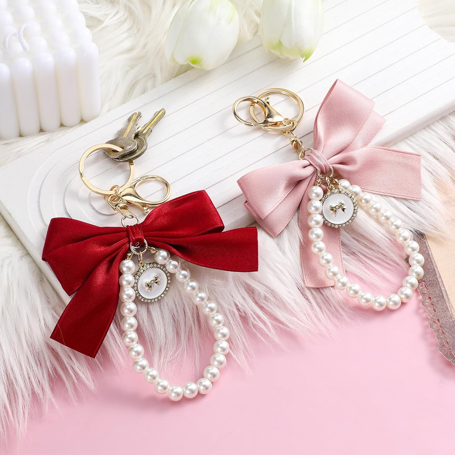 Pearl Wristlet Bow Keychain for Women, 2 Pcs Cute Purse Charms Accessories Pink Red Bowknot Bag Charms Key Chains Wristlet for Car Keys Handbag Backpack - Image 7