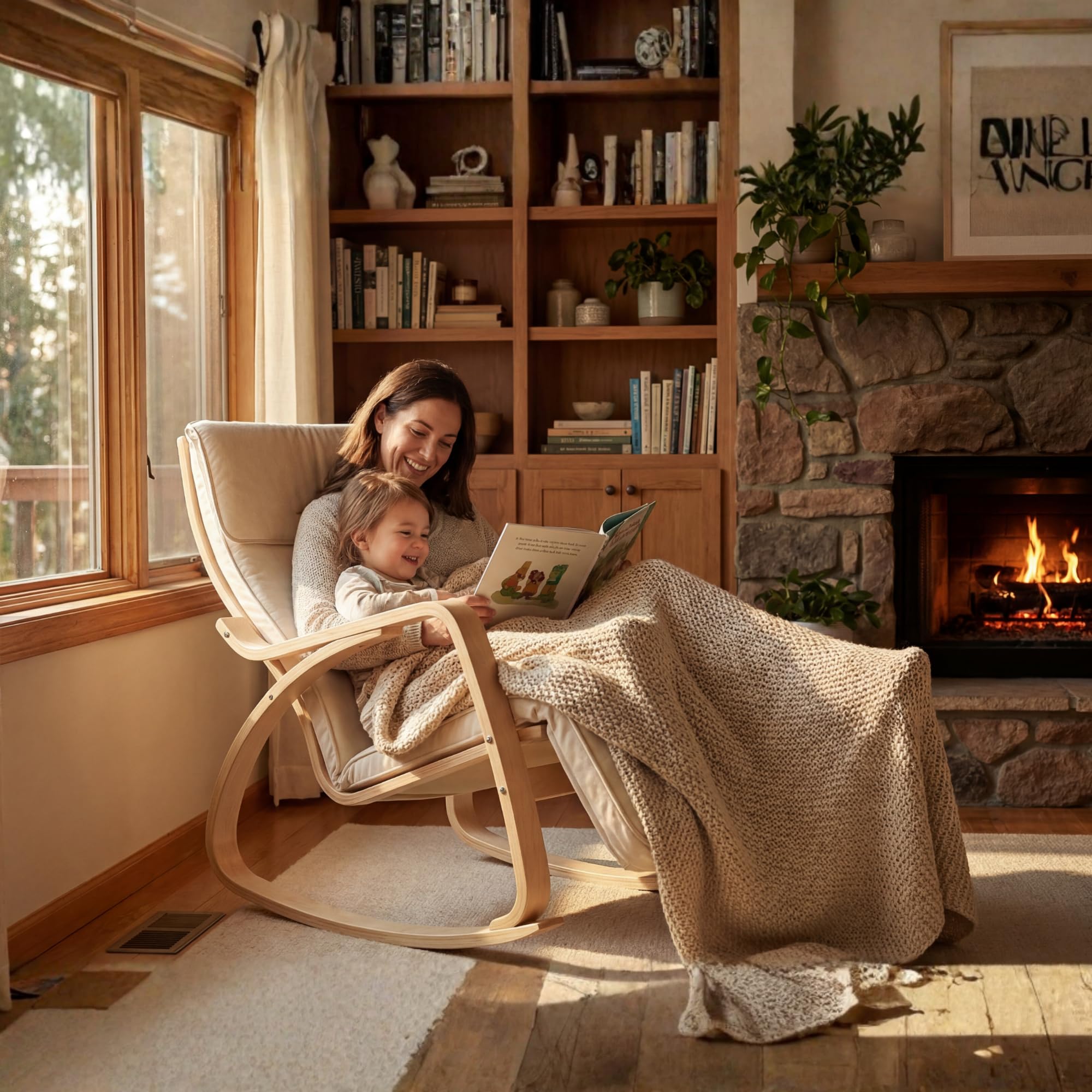 Bayt Sillón Relax Mecedora, Mecedora de Lactancia y Sillón de Lectura, Butaca de Salón Cómoda con Reposapiés, Patas de Madera, Estilo Escandinavo Moderno, Blanco