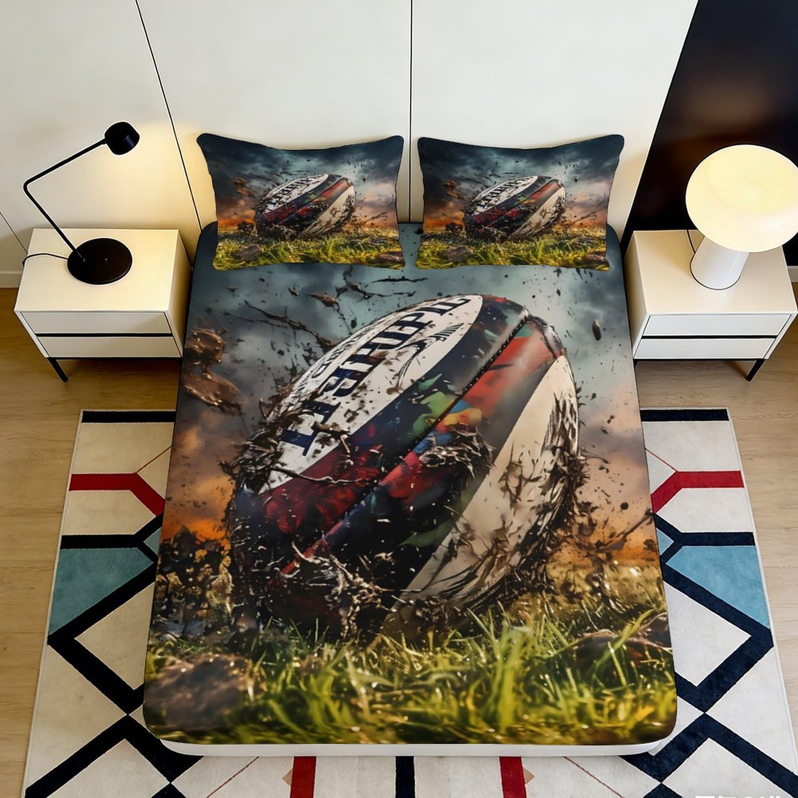 3D Printed Rugby Ball Splash Fitted Sheet Microfiber Soft Breathable Mud Field Bed Cover for Bedroom Guest Room Mattress Protection Decor 90x200x25cm