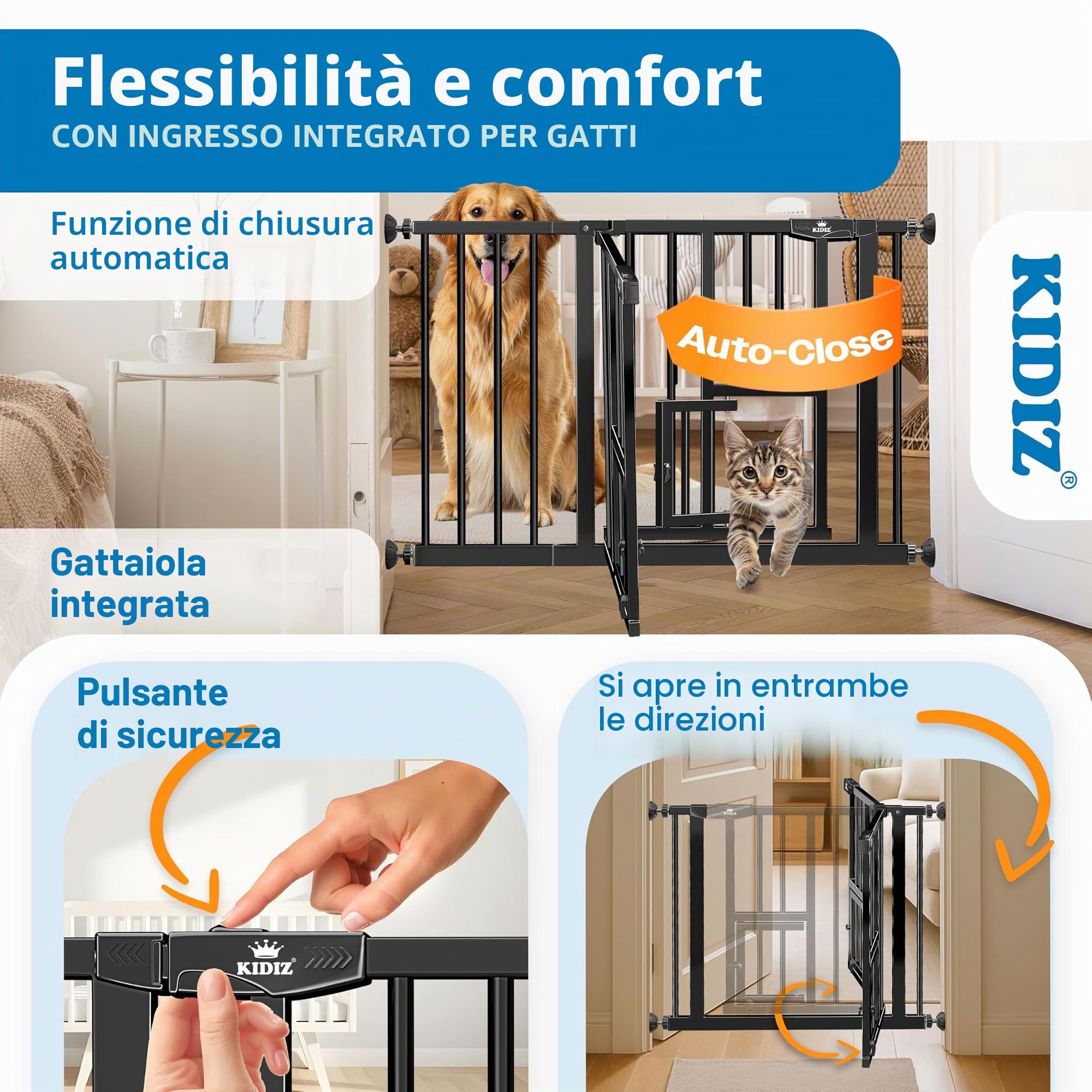 KIDIZ Autoclose - Griglia di protezione per scale, con morsetto, senza foratura, protezione di arresto a 90°, orientabile, nera, larghezza: 102-108 cm