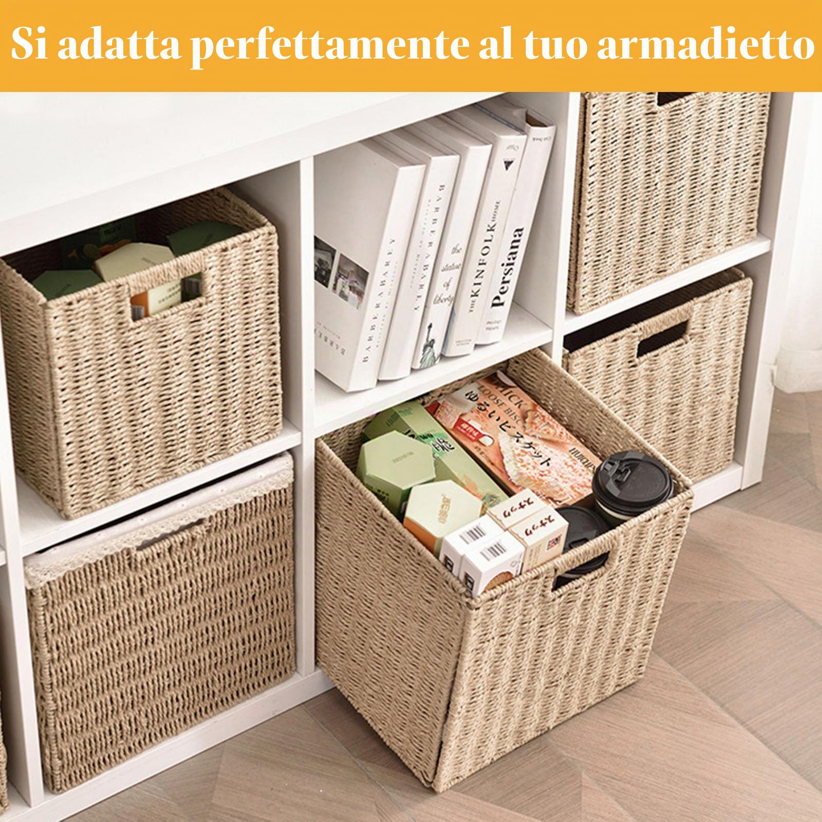 Kallax - Set di 4 cesti portaoggetti, pieghevoli, intrecciati, 28 x 28 x 28 cm, con maniglie, per mensole, dispensa, stanza