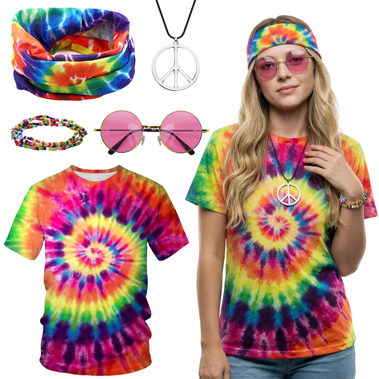 Amycute Men Women 60s 70s Hippie Costume Set, Colorful Tie Dye T-Shirt 60s 70s Retro Costume with Accessories for Halloween Hippie Party Music Festival(M)
