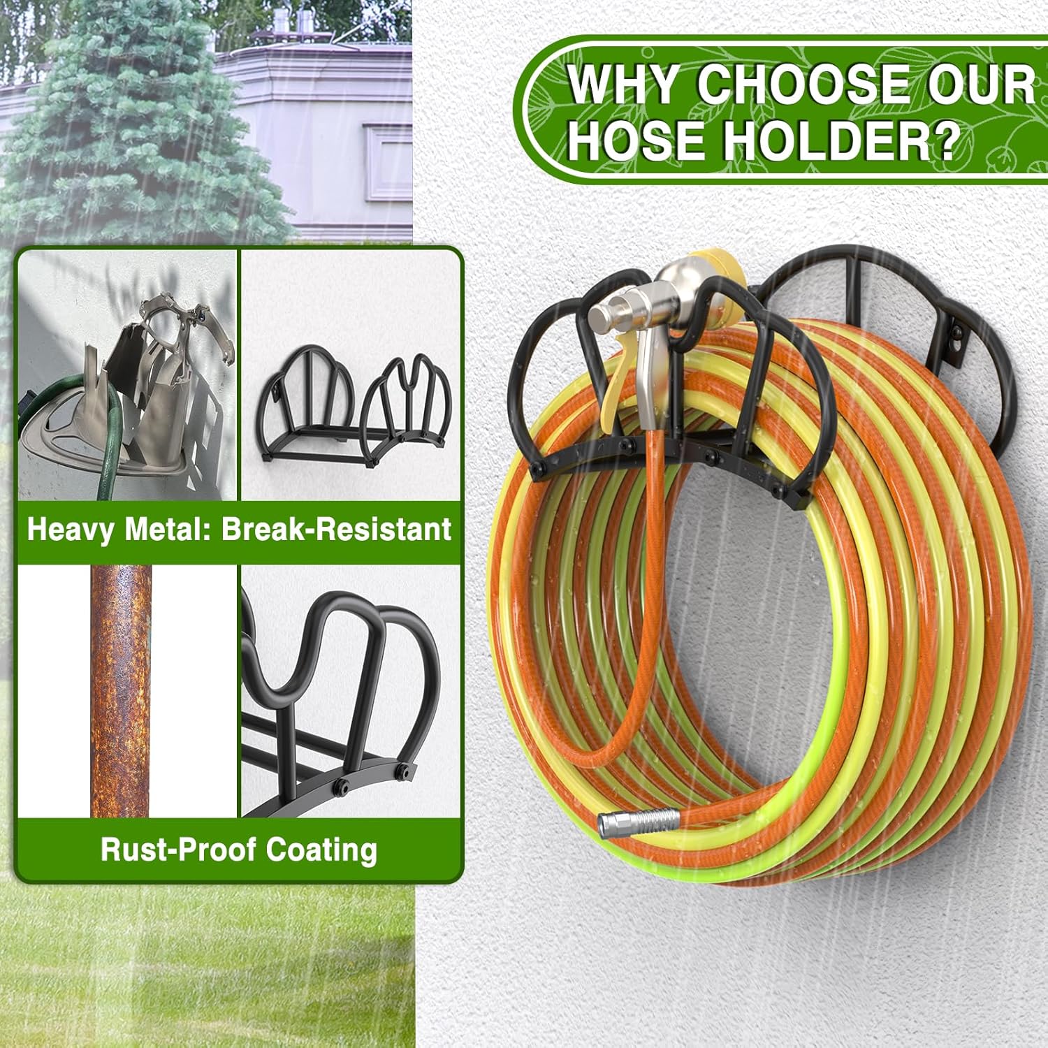 Qatsrin Super Stable Garden Hose Holder Wall Mount, Heavy Duty Water Hose holder Hanger Holds 125-Feet Hose, Metal Hose Storage Reel Rack Organizer for Outside Yard Lawn, 2 Pack