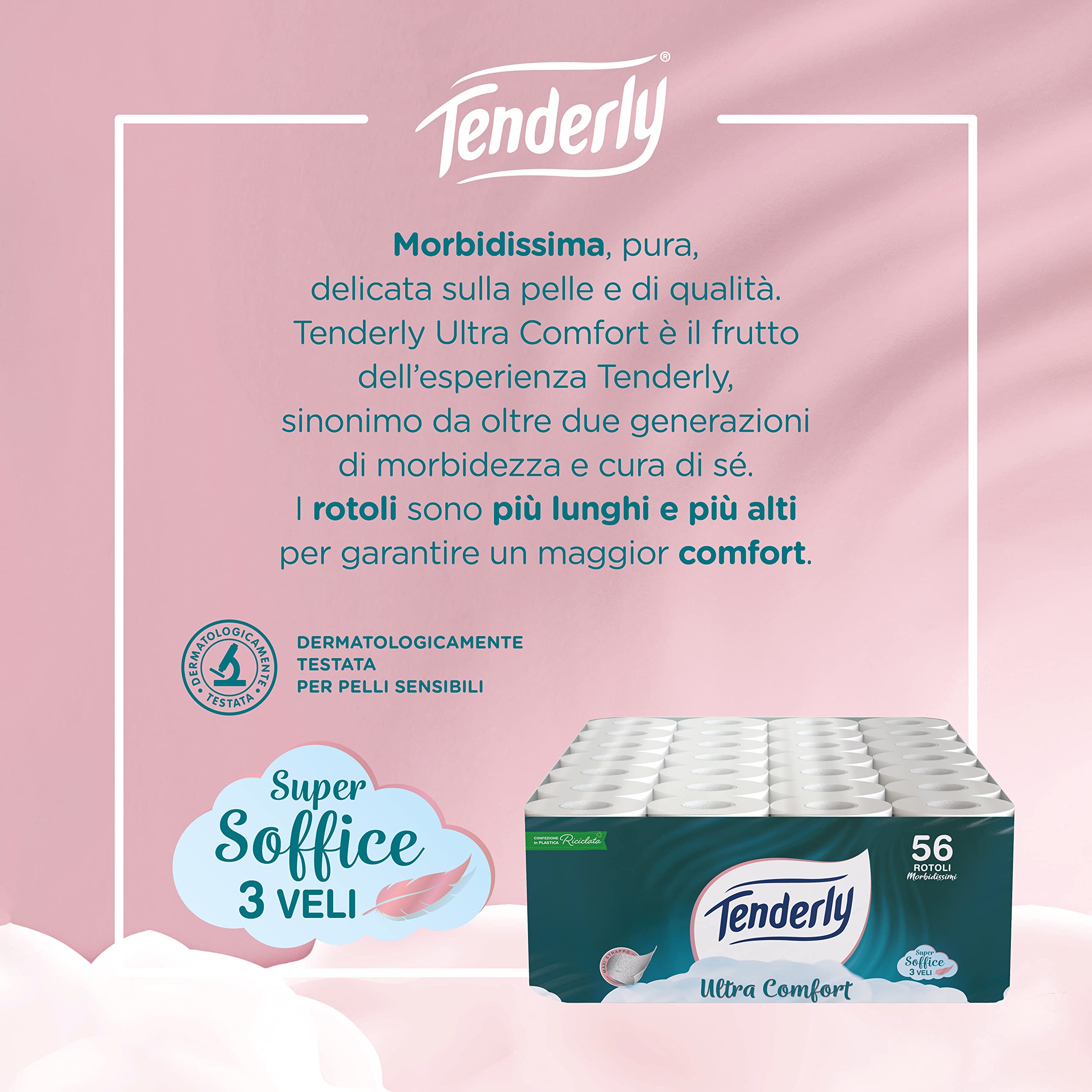 Tenderly Ultra Comfort, 56 rotoli di Carta Igienica Pura, 3 Veli, 200* Strappi per Rotolo, Delicata sulla Pelle, Dermatologicamente Testata