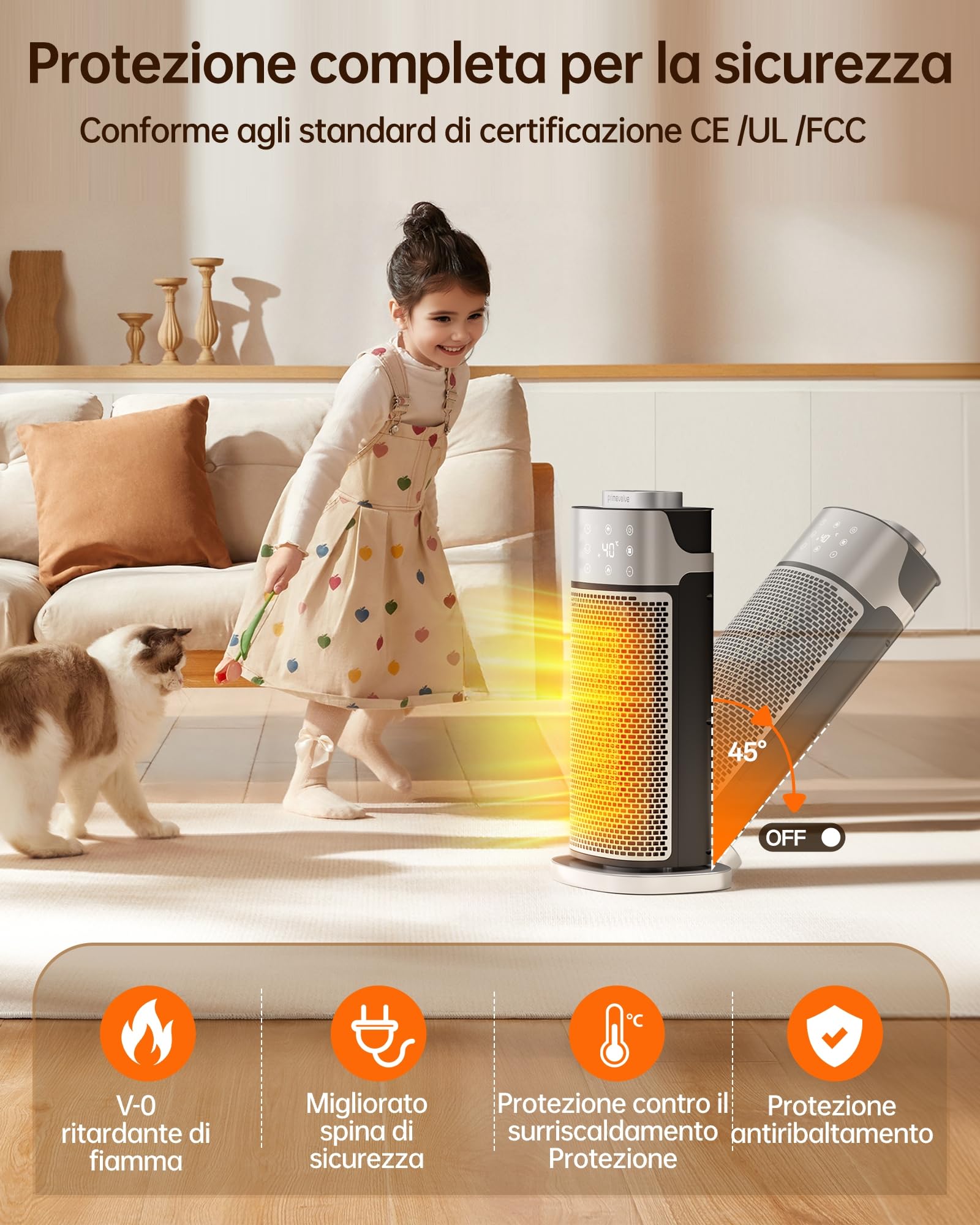 Primevolve Stufetta Elettrica con Umidificatore Funzione, 2000W Termoventilatore Ceramico a Basso Consumo, Termostato Ambiente Silenzioso con Telecomando, Timer, 70°Oscillazione, 3 Modalità Per Camere