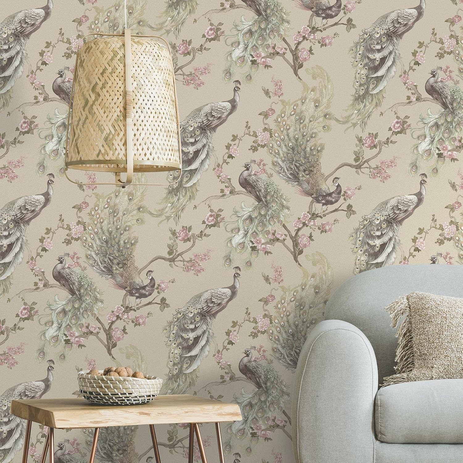 Holden Menali Peacock Floral Trail Glitter Vibrant Animal Printed Textured Wallpaper Beige Natural Cream 36271