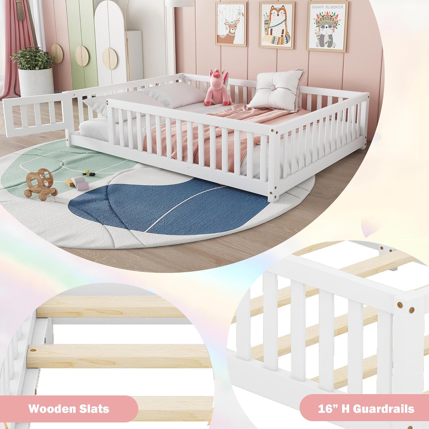 Full Size Floor Bed with Slats and Center Support Bar, Montessori Floor Bed with Fence and Door White