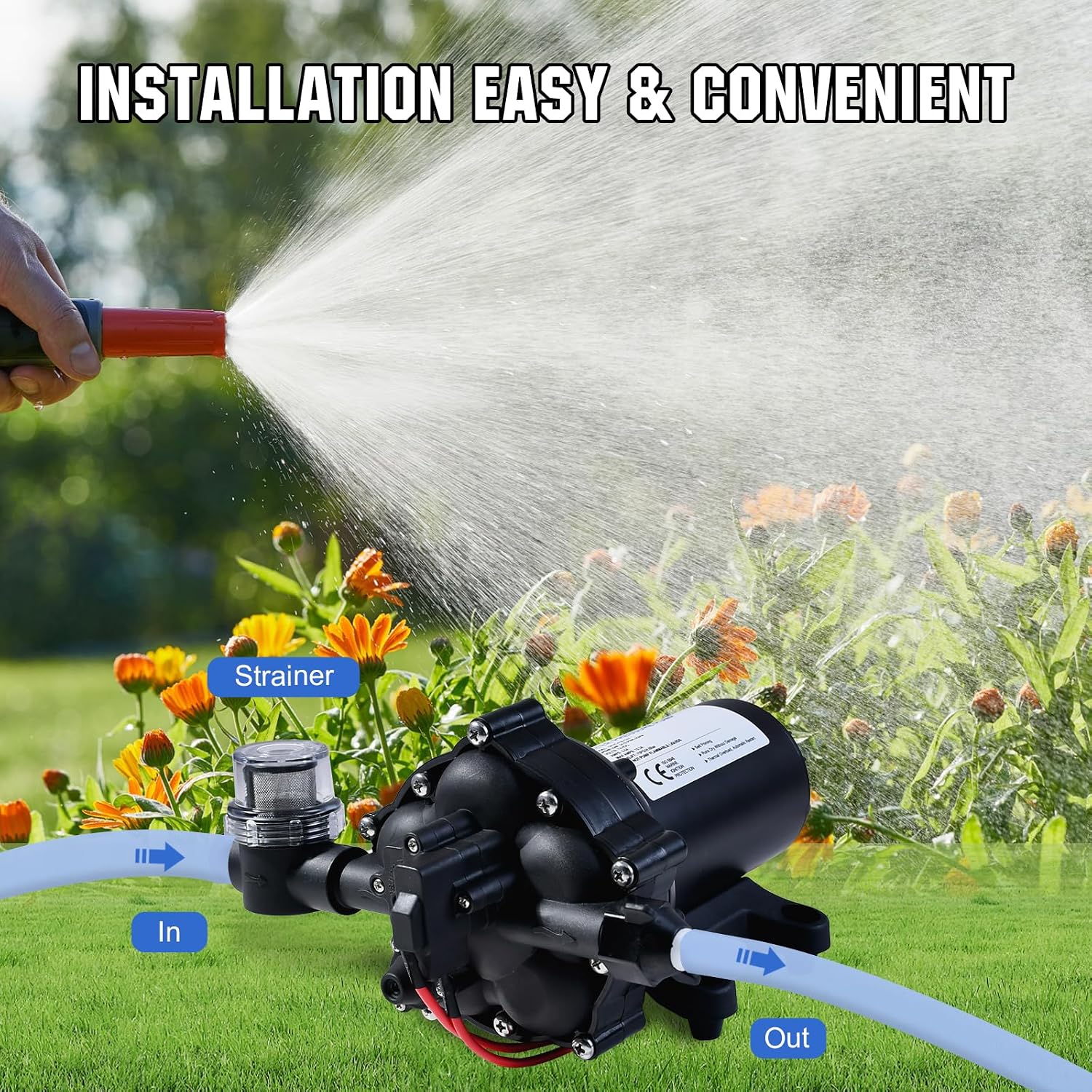 Image showing the pump connected to a water source and output hose, demonstrating easy installation for garden spraying.