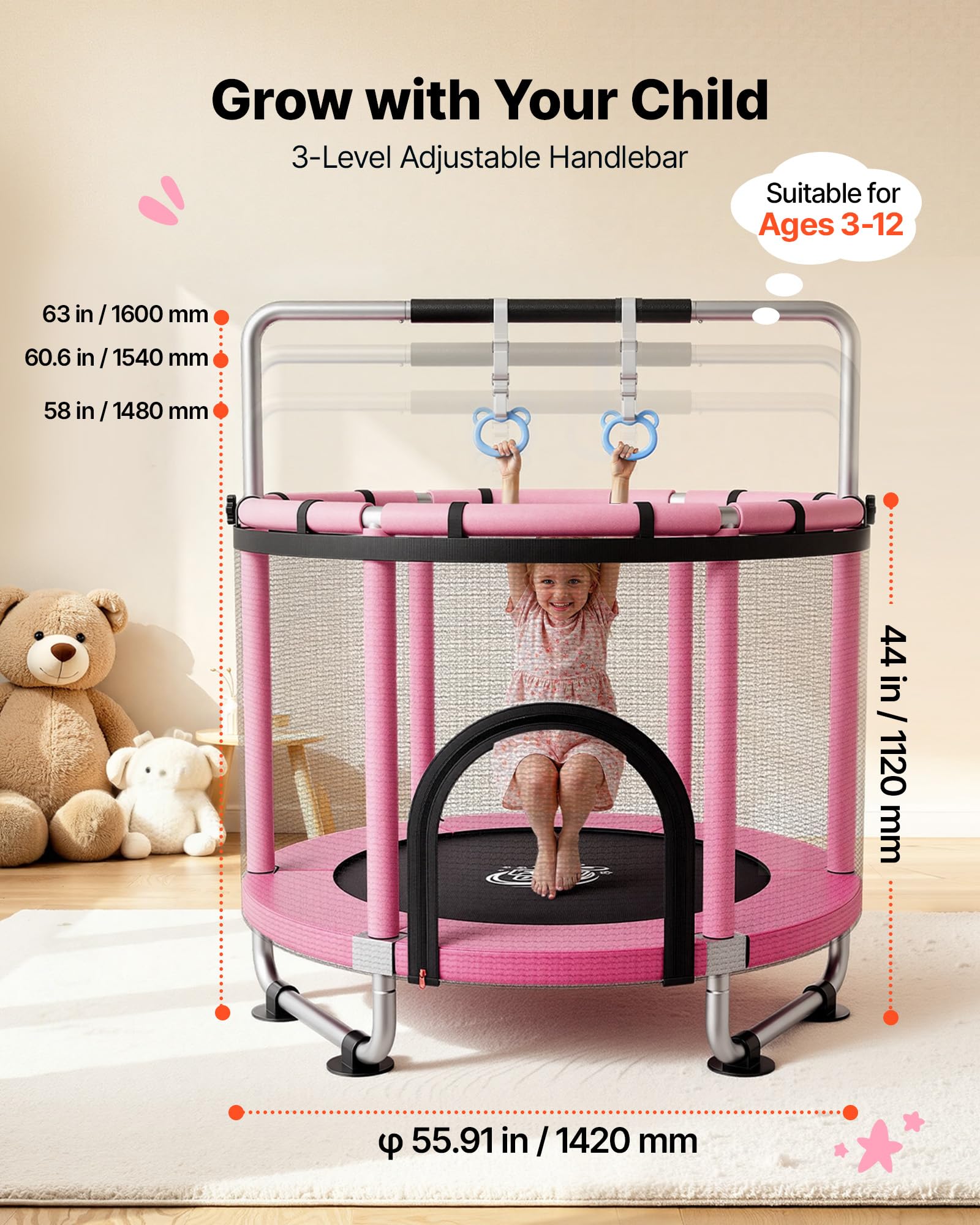 VEVOR Trampolino Elastico per Bambini 142 cm Carico 60 kg Rete Protezione, Giocattolo per Divertimento Esercizio Bambini da Interno Esterno Barra Regolabile, Trampolino Uso Domestico, Colore Rosa