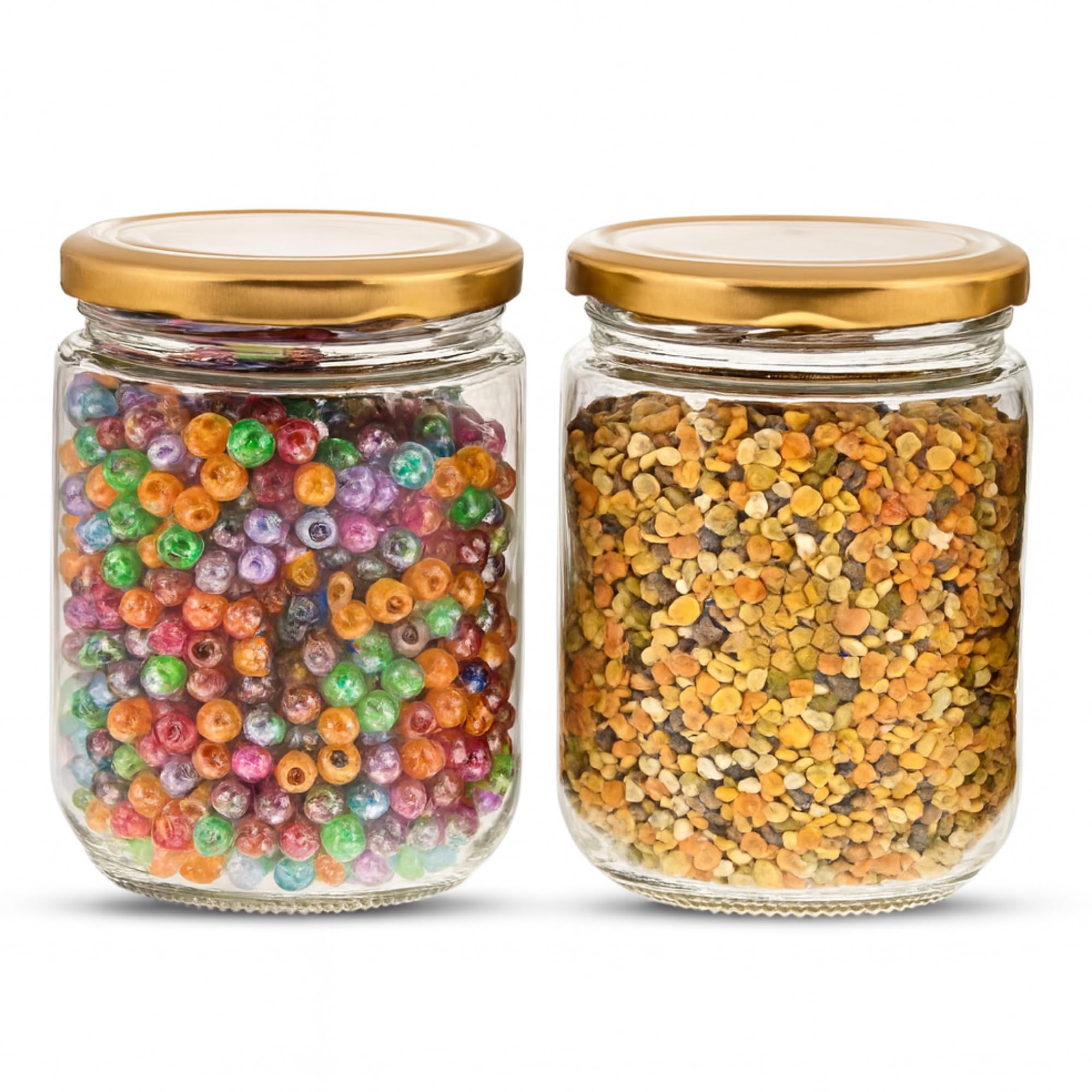 MACHAK Kitchen Storage Glass Jar With Rust Proof Air Tight Golden Cap, 500 Gms,Clear (Set of 2)