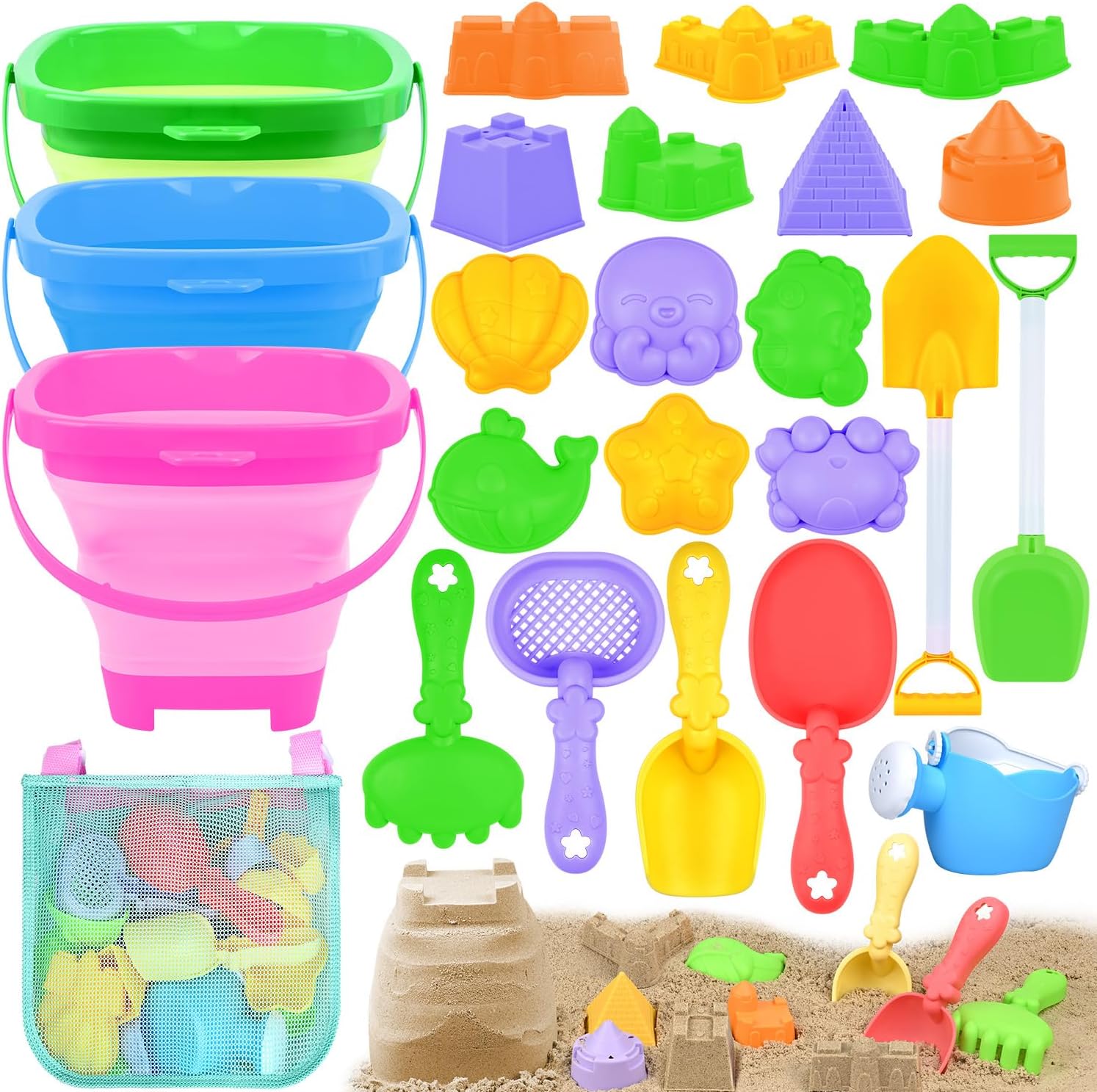 Collapsible Beach Sand Toys for Kids Toddlers with Sand Bucket, Marine Animal Molds, Castle Building Molds, Shovels, Storage Mesh Bag, Travel Sand Toys for Boys Girls (24PCS ( 3 Sand Buckets ))