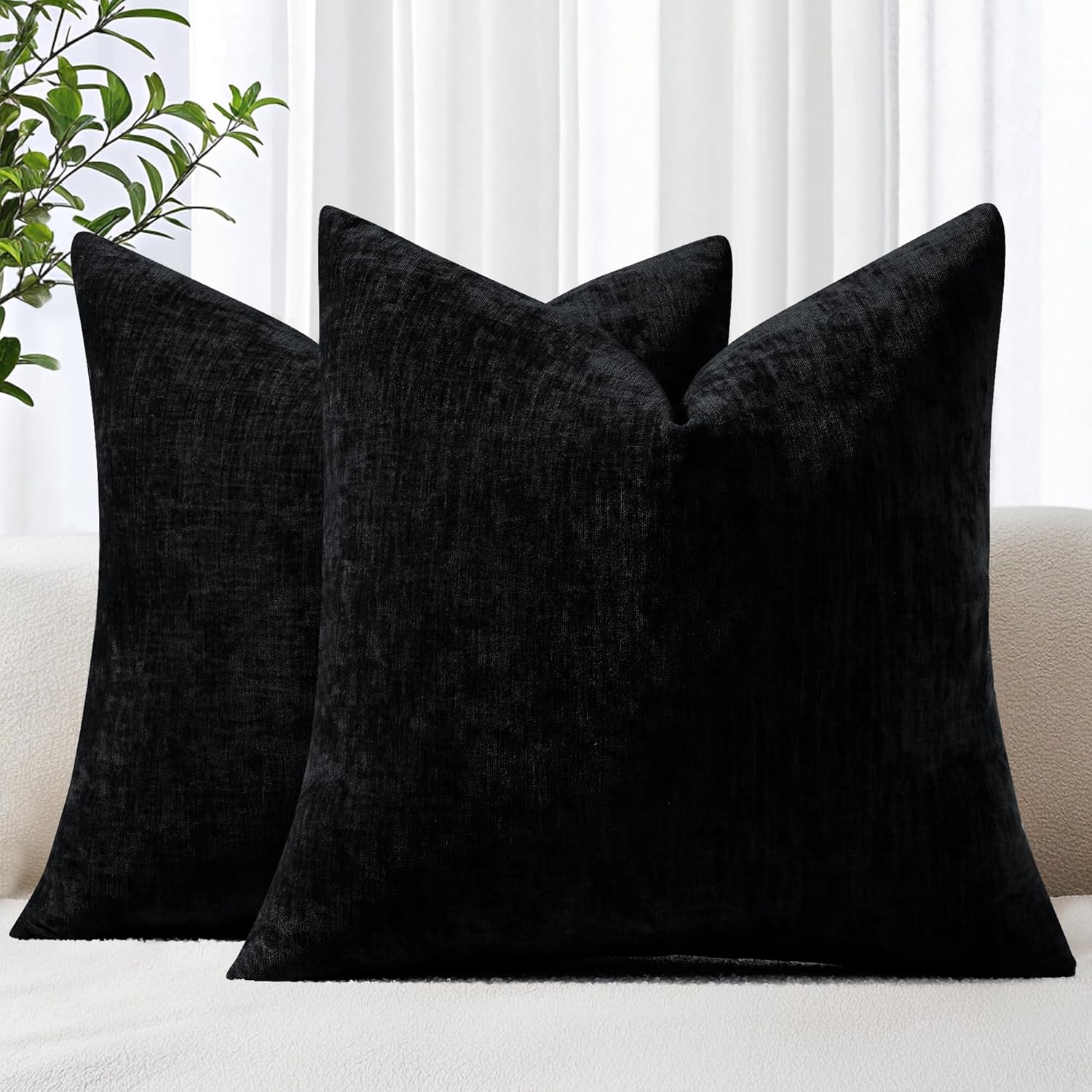 decorUhome Chenille Black Throw Pillow Covers 22x22 Inch Set of 2, Decorative Soft Couch Pillow Covers Solid Dyed Accent Farmhouse Neutral Square Pillow Cases for Sofa Bed Living Room Black 22" x 22" (Pack of 2)