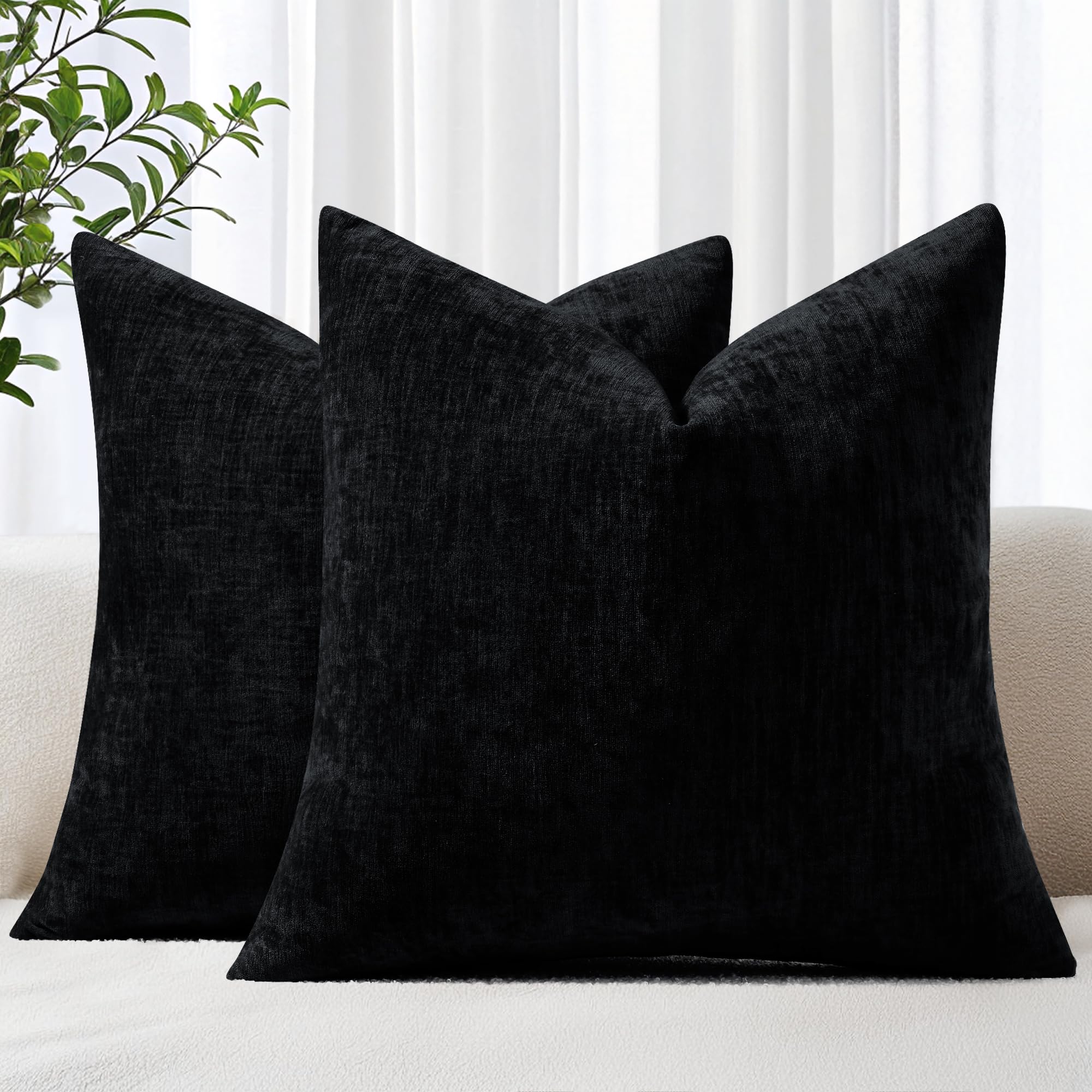 decorUhome Chenille Easter Black Spring Euro Sham Throw Pillow Covers 24x24 Inch Set of 2, Decorative Soft Couch Pillow Covers Solid Dyed Accent