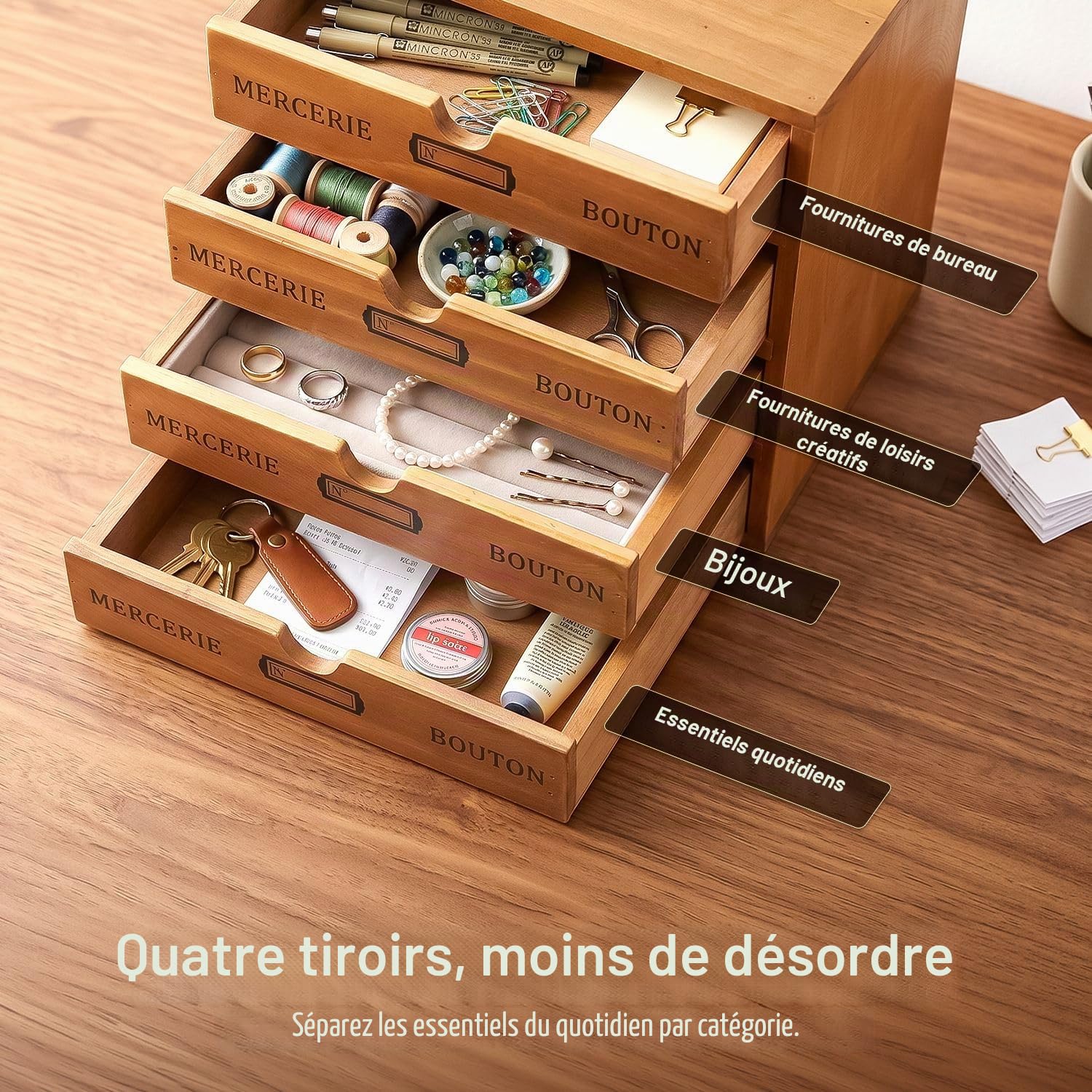 Flexzion Organiseur de fournitures de bureau en bois avec 4 tiroirs de rangement, armoire de table en bois à 4 niveaux, boîte d'accessoires de bureau, pour la maison, les travaux manuels, le courrier