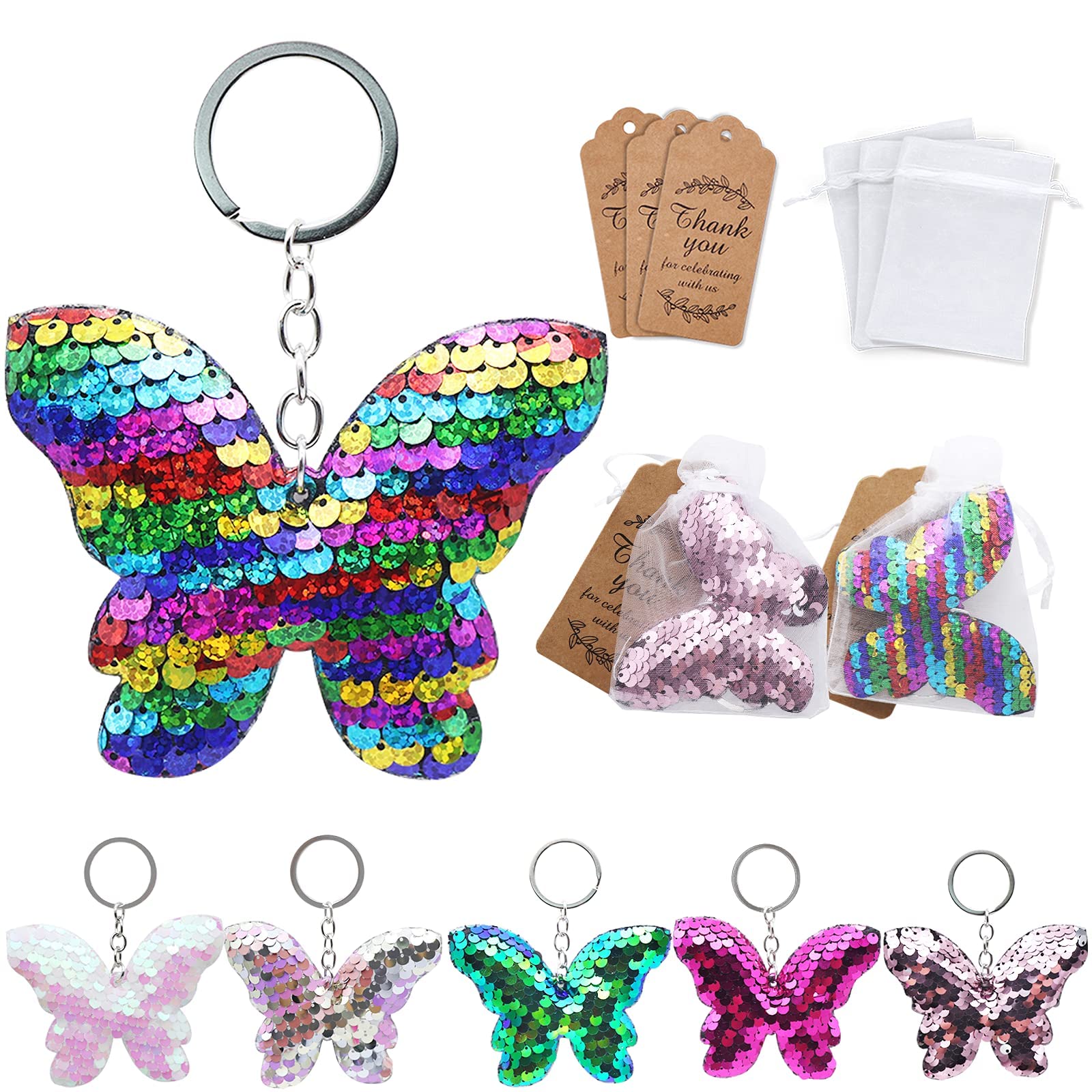 Cute Butterfly Sequins Keychain 24 Set Goodie Bag Gifts Decor With Thank You Kraft Tags And White Gift Bags For Kids Girls Spring Summer Autumn Butterfly Theme Birthday Baby Shower Party Supplies