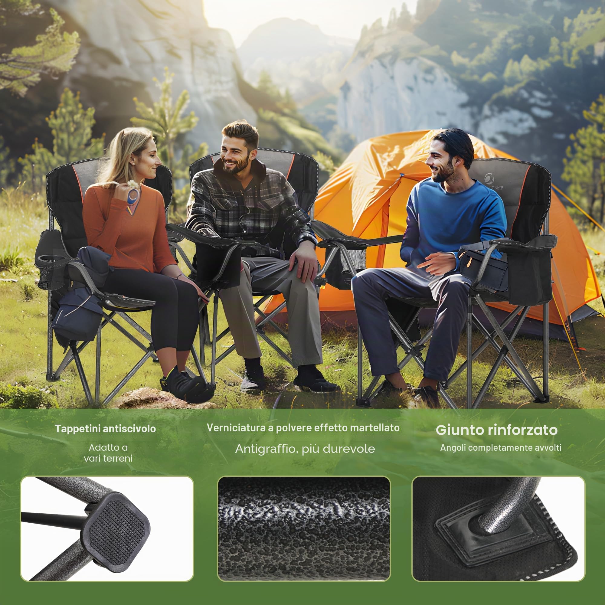 LET'S CAMP Sedia da campeggio pieghevole con portabevande e borsa frigo, pieghevole, fino a 200 kg