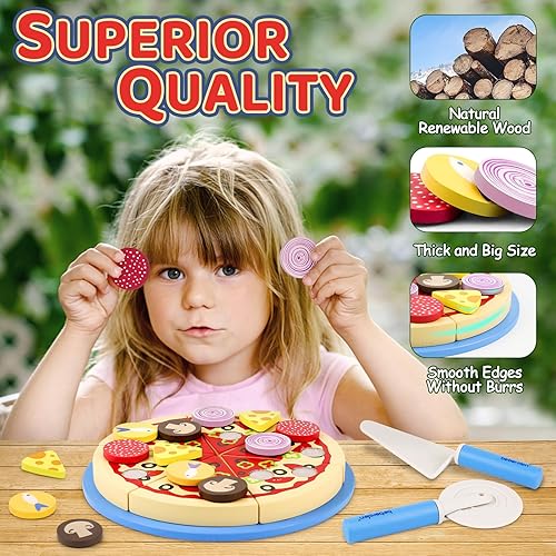 Miniatura 3 de Juguetes de pizza de madera para niños, 24 piezas de juguete de corte, juego de comida de juguete, accesorios de cocina, juguetes de cocina de