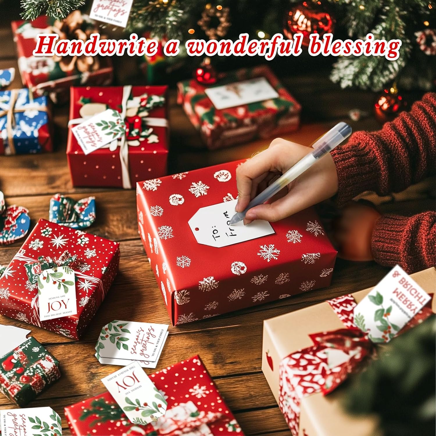 Christmas Paper Gift Tags, 100pcs Watercolor Xmas Tree Pinecone Tags, Gift Wrapping Name Tags with Hemp Rope, Christmas Tree Tags for Xmas Decor 4 Design - Image 6