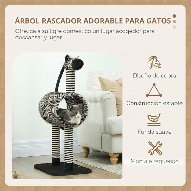Foto 3 de 8 de PawHut Árbol rascador 93cm, Diseño Cebra, Gatos <5kg, Negro+Blanco