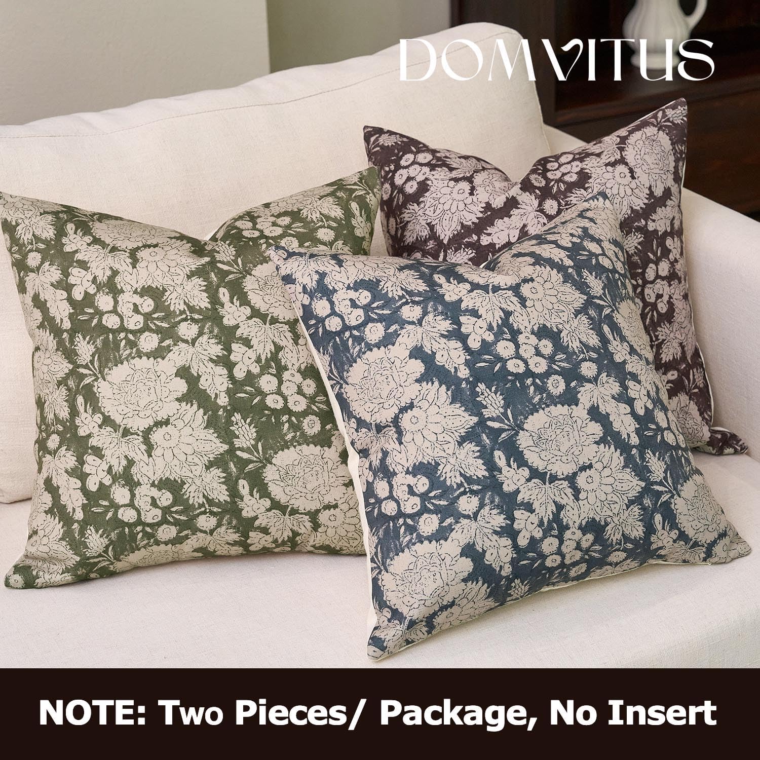 DOMVITUS Floral Pillow Covers 18x18 Set of 2, Vintage Block Print Pillow Covers Neutral Decorative Farmhouse Throw Pillow Covers for Bed Couch Living Room Dusty Blue