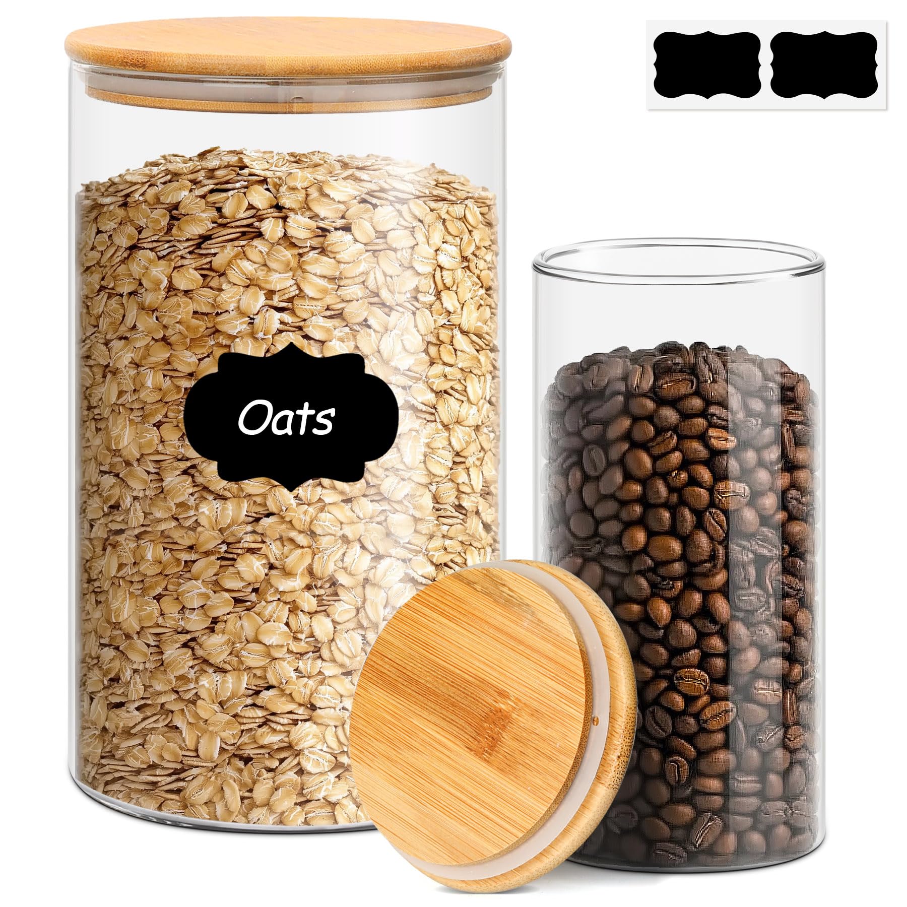 ComSaf 4100ml/1300ml Glass Jar with Bamboo Lid, Glass Food Storage Container with Airtight Lid, Clear Glass Food Canister Set of 2 for Dry food like Rice, Sugar, Flour, Pasta, Cereal, Beans, Nuts