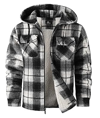 ZITY Men's Flannel Hooded Jacket Fleece Sherpa Lined Plaid Shirts Jackets Zip Up Sweatshirt Hoodies for Men with 4 Pockets