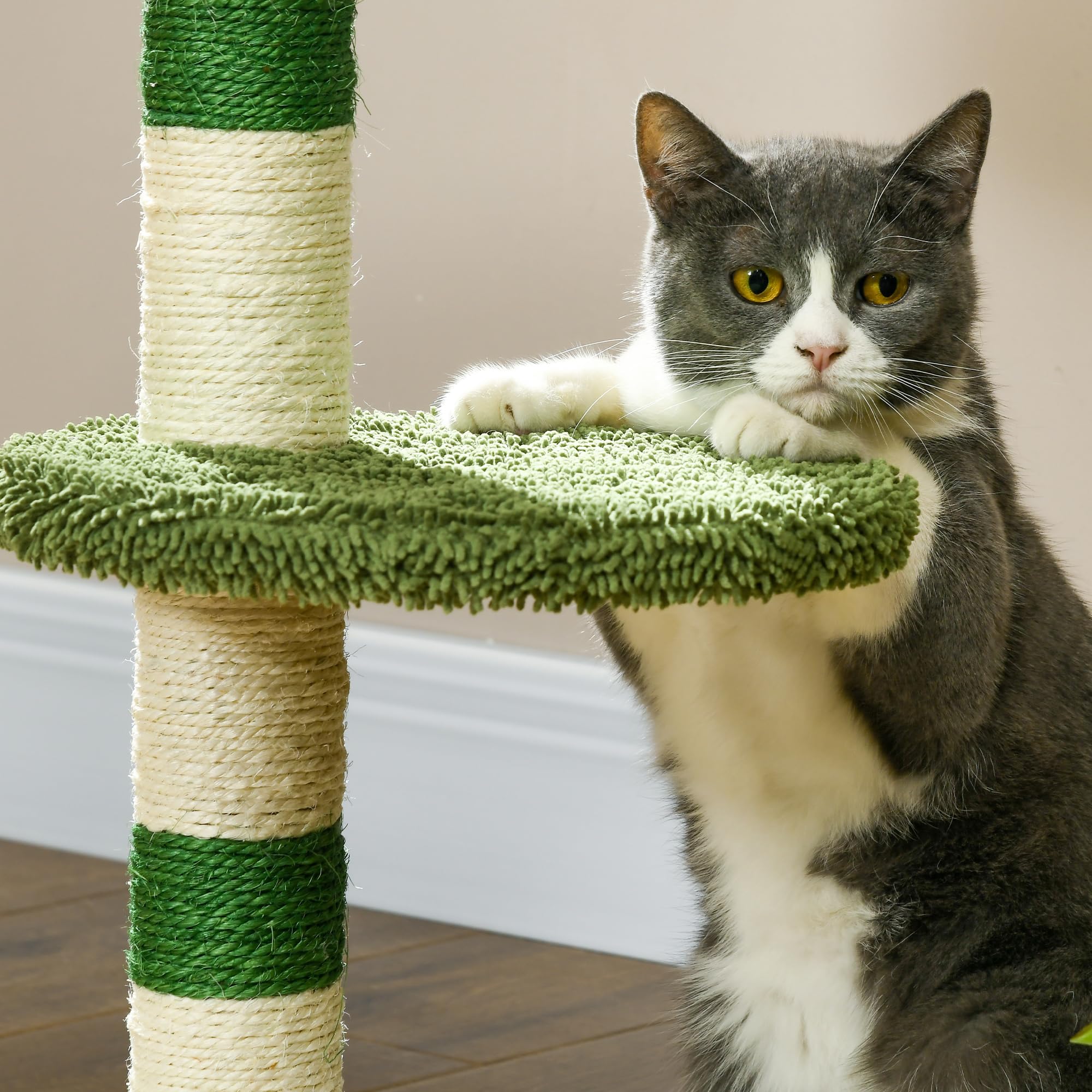 PawHut Arbre à Chat griffoir avec lit 2 balles Vert & Blanc | Plateforme, poteau en sisal, gym pour chat, revêtement chenille & peluche
