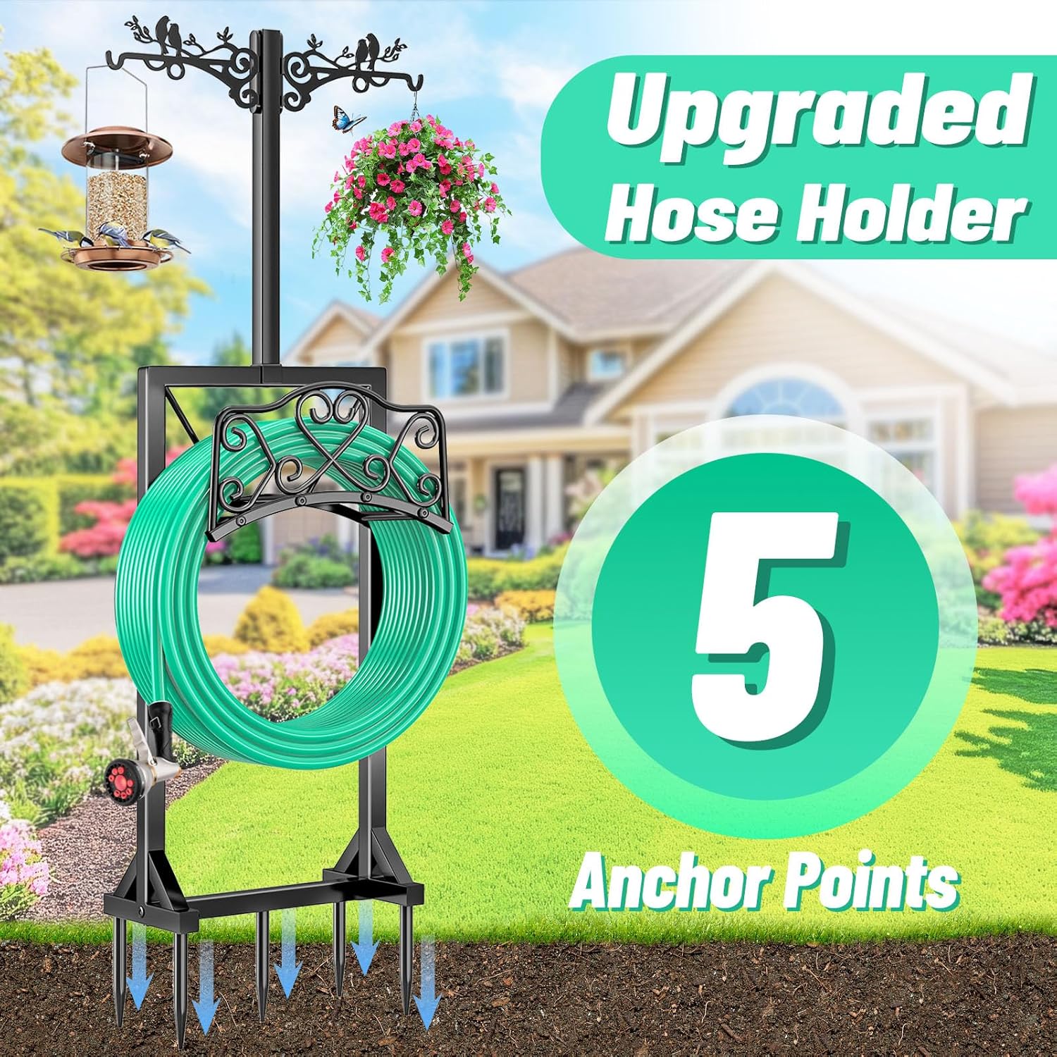 Garden Hose Holder, Freedstanding Heavy Duty Garden Water Hose Holder Stand with 2 Shepherds Hooks, Detachable Metal Hose Storage Hanger Rack for Outside Yard Lawn Farm