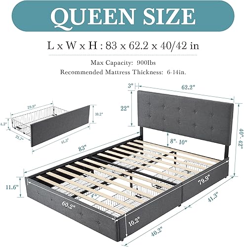 Miniatura 84 de HOOMIC Base de cama de almacenamiento de plataforma de tamaño matrimonial con 4 cajones y cabecera ajustable, listones de madera, no necesita Negro,