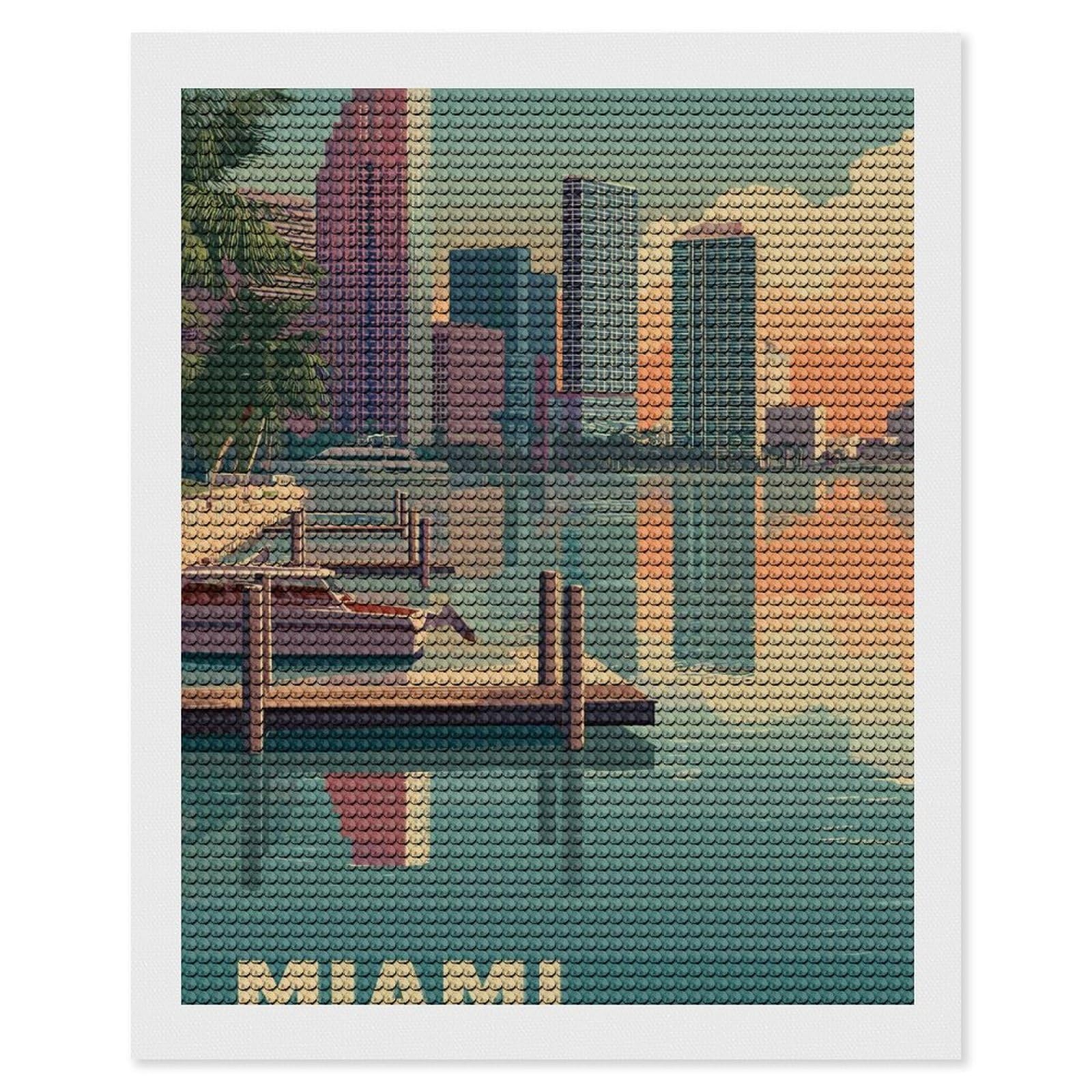 Junmoney Miami Cityscape with Boats and Docks Diamond Art Kit 16"x20", for Beginners, Vintage Style Decor, Good for Quiet Evenings, Festive Craft Gift
