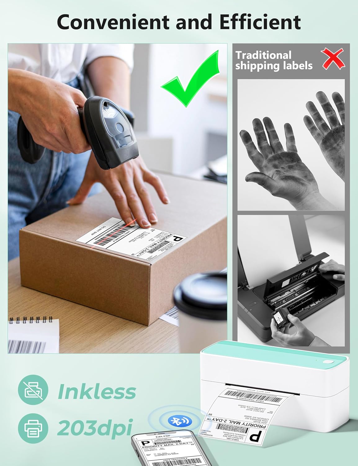 Phomemo Bluetooth Thermal Shipping Label Printer, 241BT Wireless Thermal Label Printer for Shipping Packages, Inkless Thermal Shipping Label Printer, Compatible with iPhone, Android, Green - Image 4