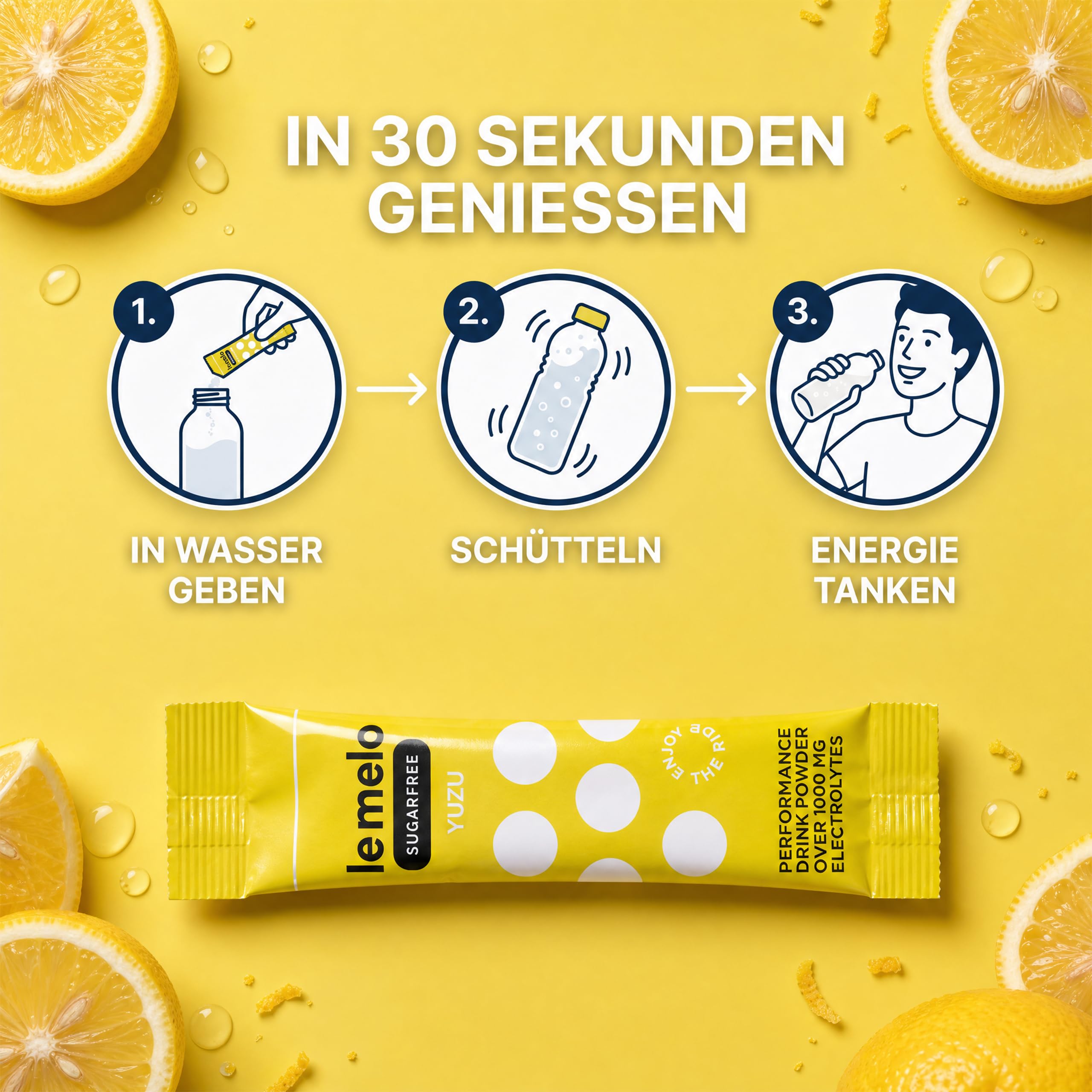 le melo® Elektrolytgetränk | 1.000+ mg Elektrolyte, Vitamine & Mineralstoffe | Optimiert Wasseraufnahme | Für Sport & Alltag & Erholung | Mit Kreatin | SUGARFREE YUZU 20er Pack