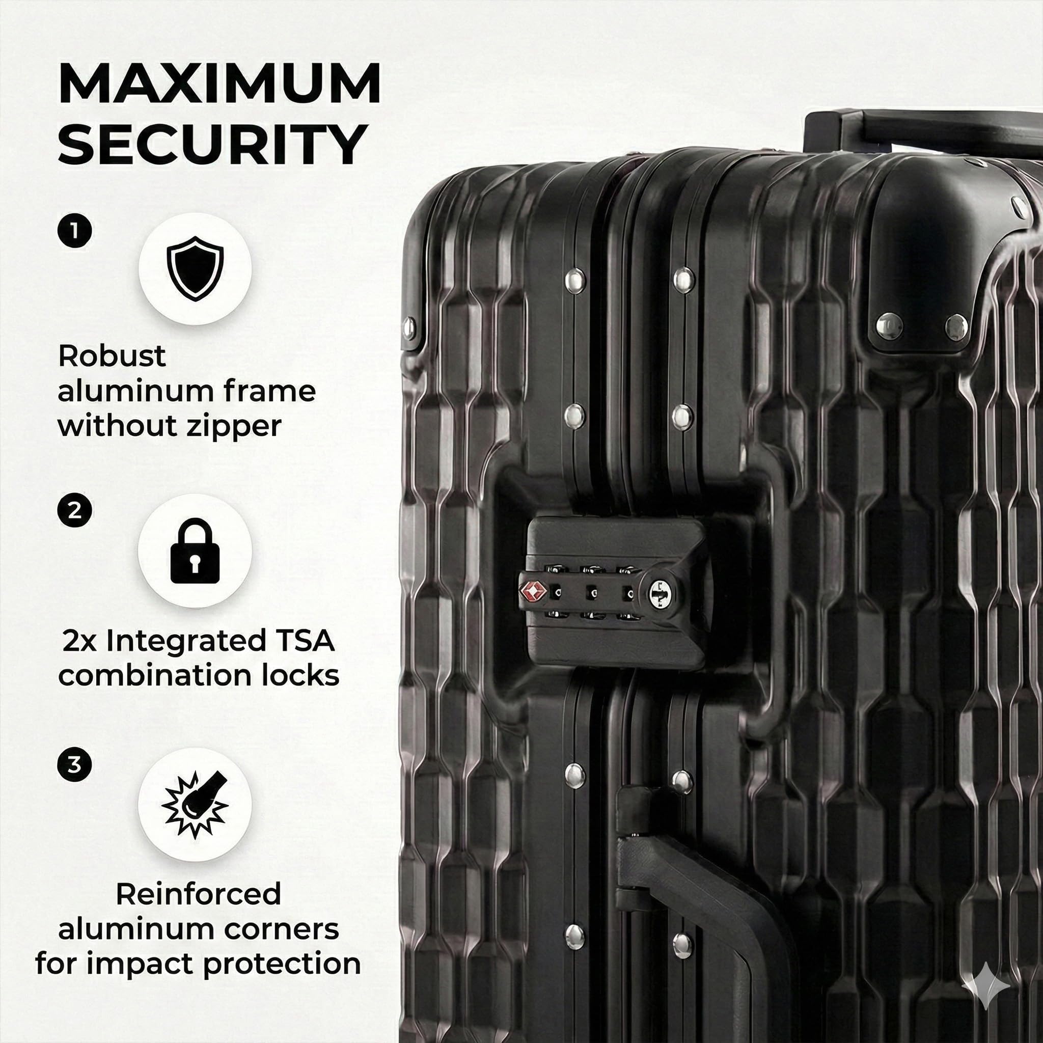 POSH Walizka twarda – walizka z poliwęglanu z aluminiową ramą i zamkami TSA, M, L, XL, walizka podróżna 60, 70, 80 cm, cicha praca, podwójne kółka 360 stopni, czarny, M, Twarda walizka z poliwęglanu