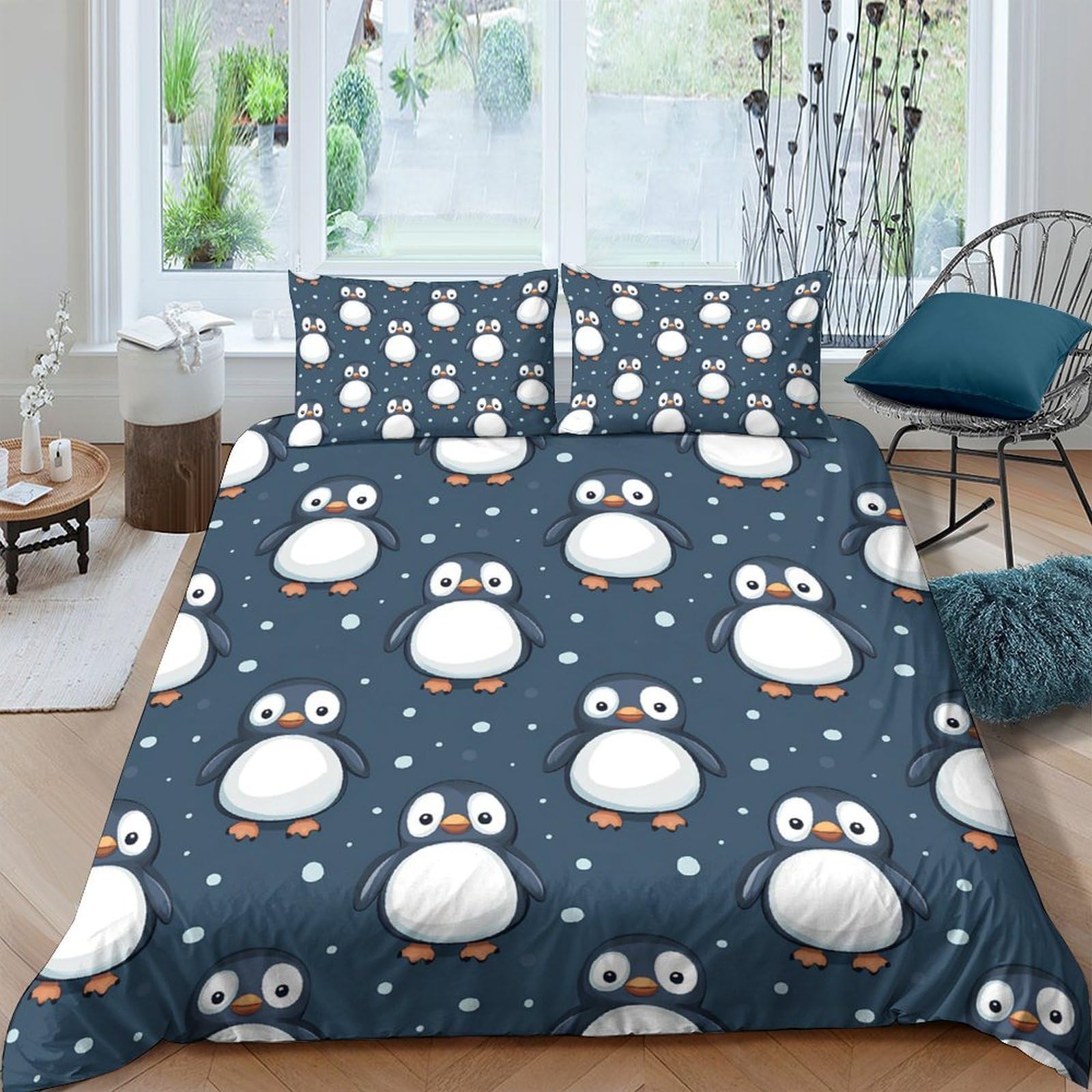 Ctjqhvkz Style-4 3D Printed Penguin Pattern Fitted Sheet Microfiber Soft Dark Blue Cartoon Mattress Cover For Bedroom Dorm Decor Single（135X200cm）