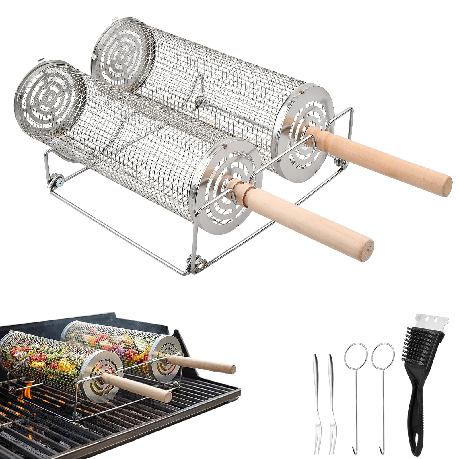 2 Pcs Grillkorb 30cm 29cm, Grillkorb Gemüse Edelstahl Rund mit 2 Abnehmbarer Holzgriff, 2 Haken, 2 Gabeln, Reinigungsbürste, Halterungen, Fischgrillgitter Fleisch Grillzubehör, Upgrade Öffnung