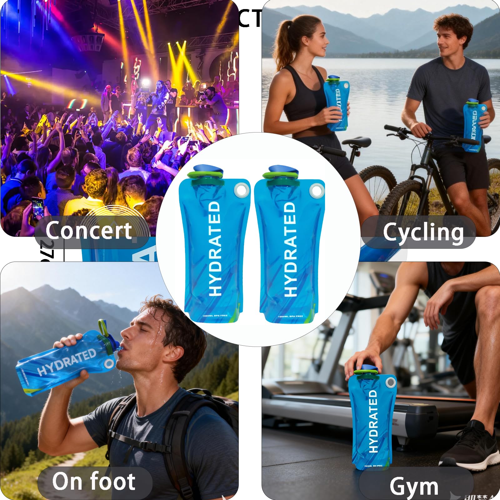 2 Pezzi Borraccia Pieghevole Con Moschettone,Borraccia Morbida Plastica 1 Litro,Sacca Idrica Per Running,Bottiglia Pieghevole Per Escursionismo,Soft Flask Per Festival E Feste Running