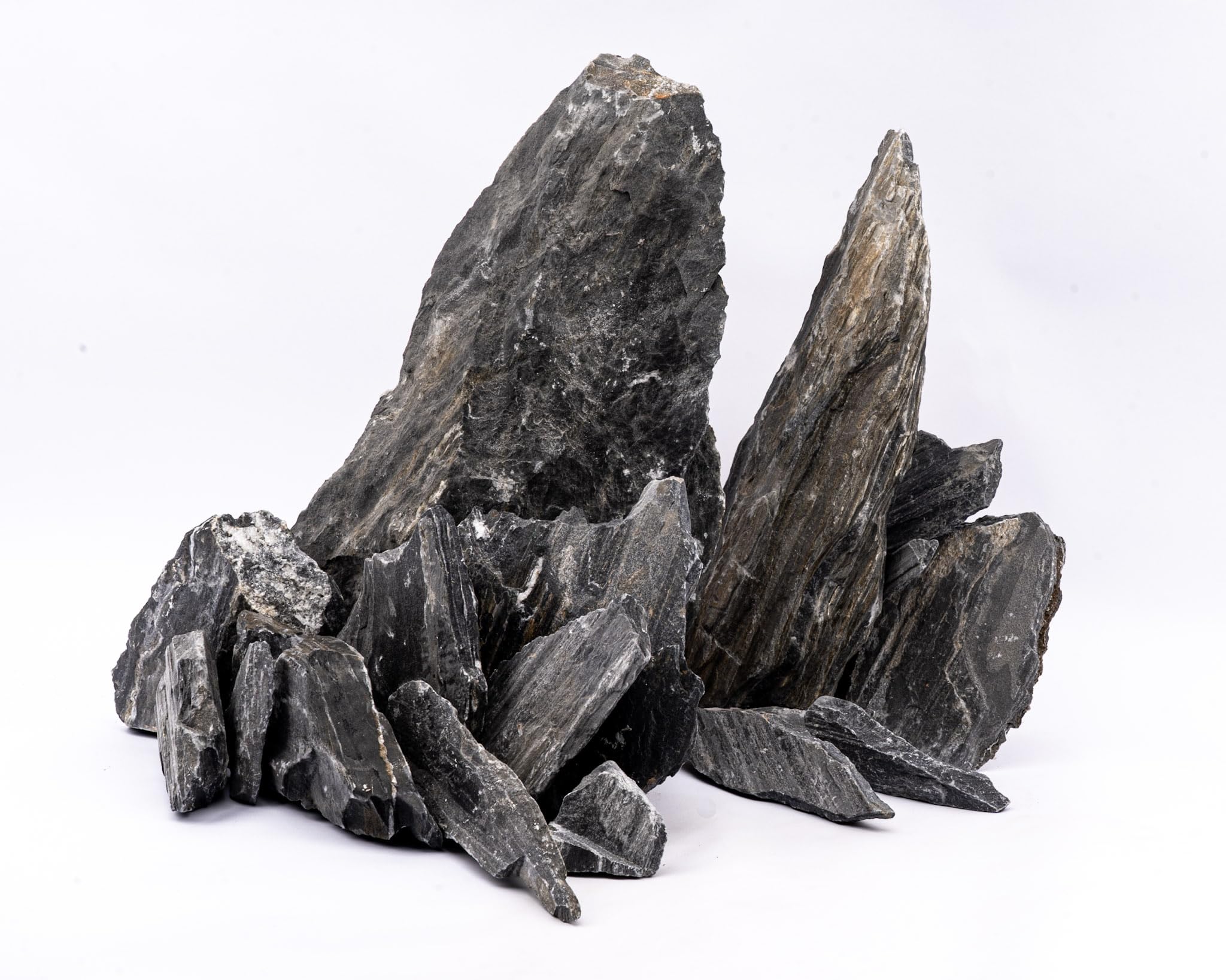 NatureHolic Sumi Stone | Dunkler Aquarium Stein I wasserneutral mit Highlights aus Glimmer I Aquascaping Hardscape Steine Deko für Aquarien I Größe XL: 23-32 cm