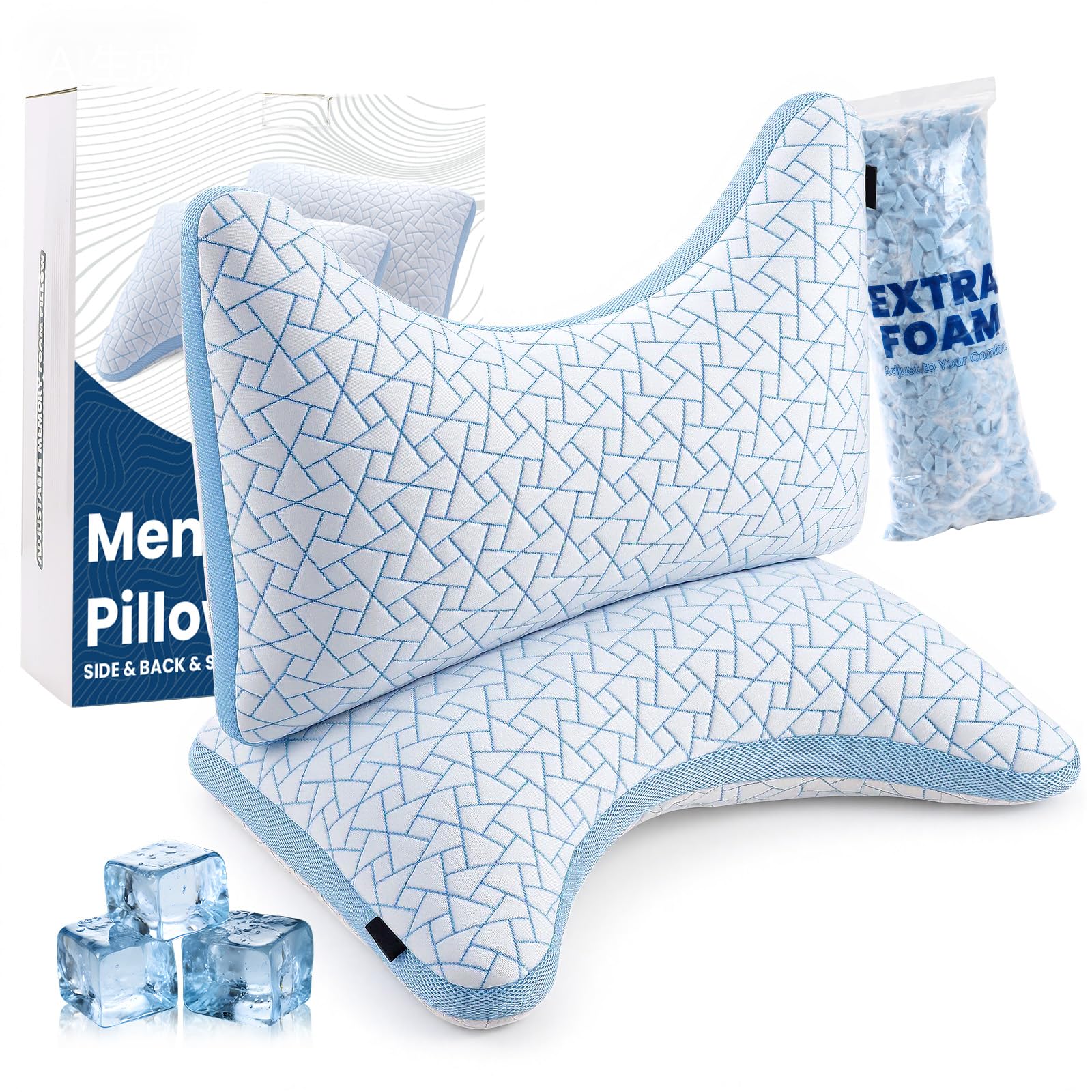 A-Pce Cooling Side Sleeper Pillows For Neck And Shoulder Pain Relief, Shredded Memory Foam Pillow With Cervical Support, Adjustable Neck Bed Pillows For Restful Sleep, Breathable Washable Cover,Queen Size*2